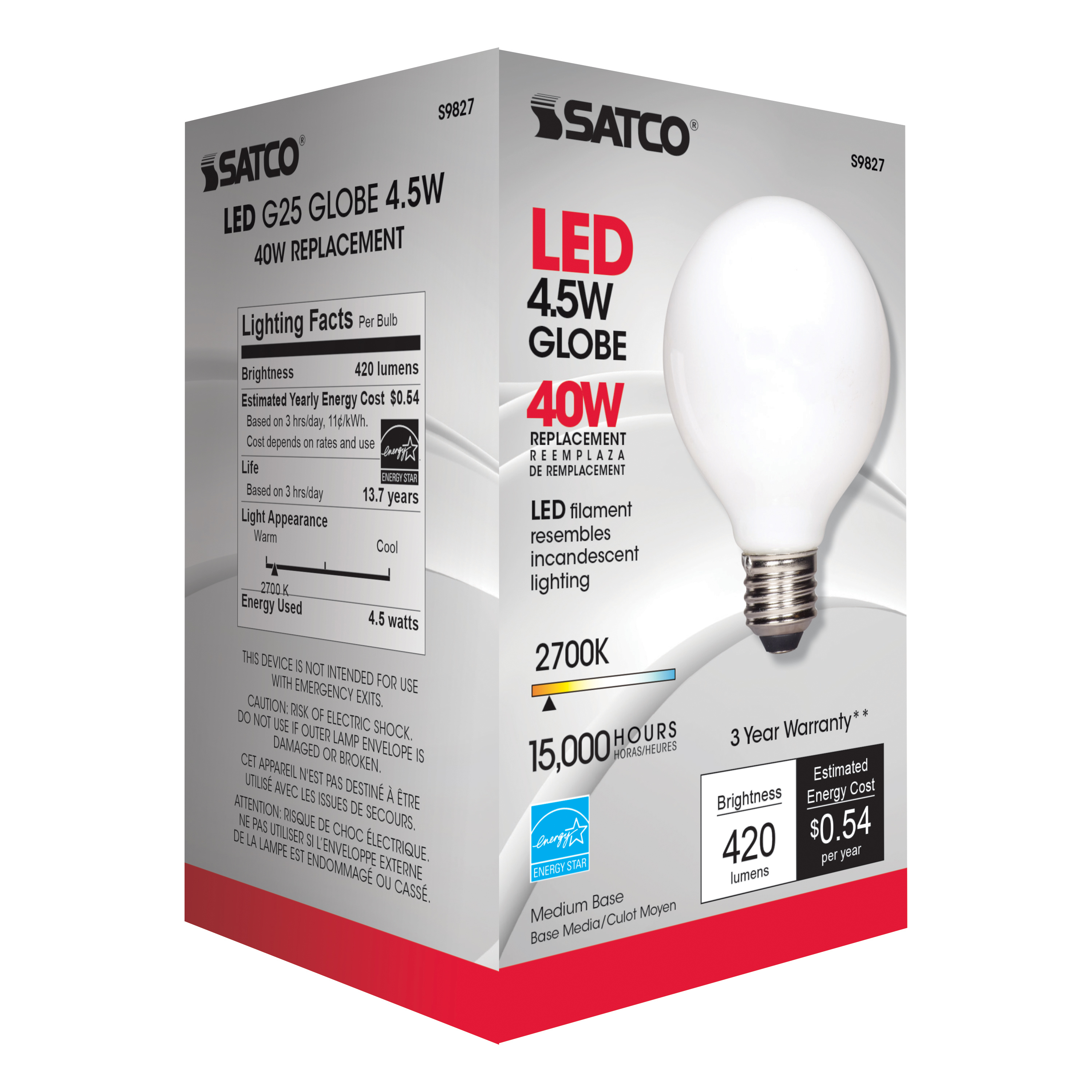 4.5G25/SW/LED/E26/27K/120V - S9827