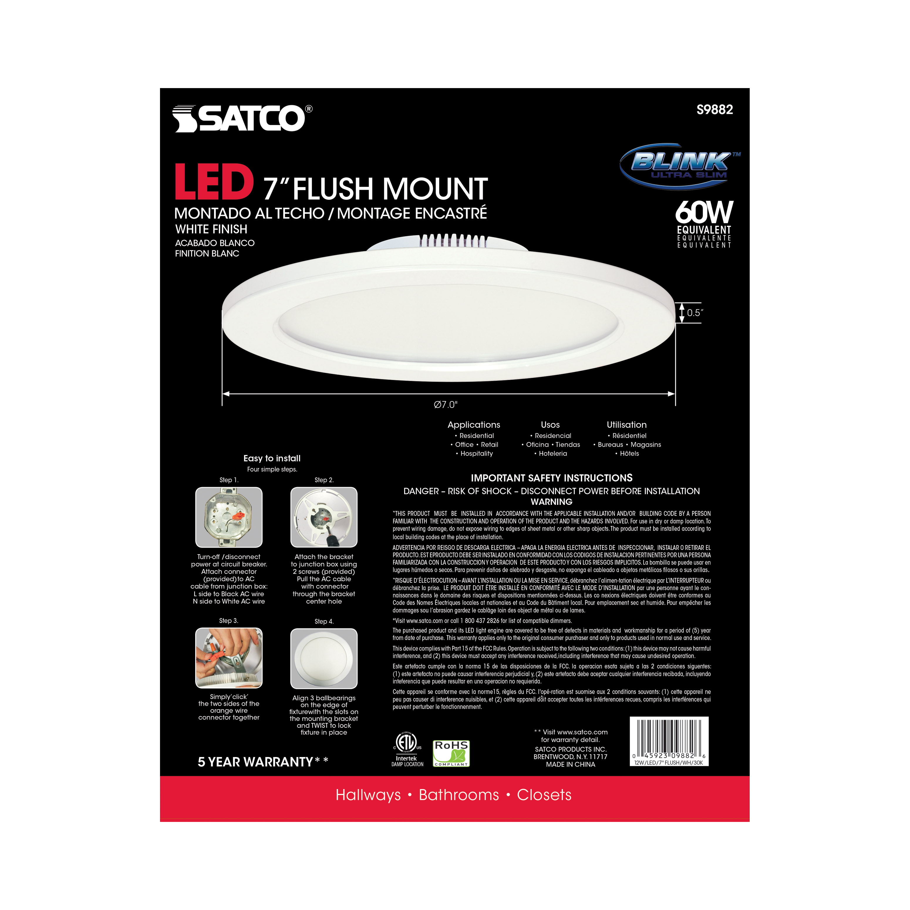 12W/LED/7"FLUSH/3K/WH/SL - S9882