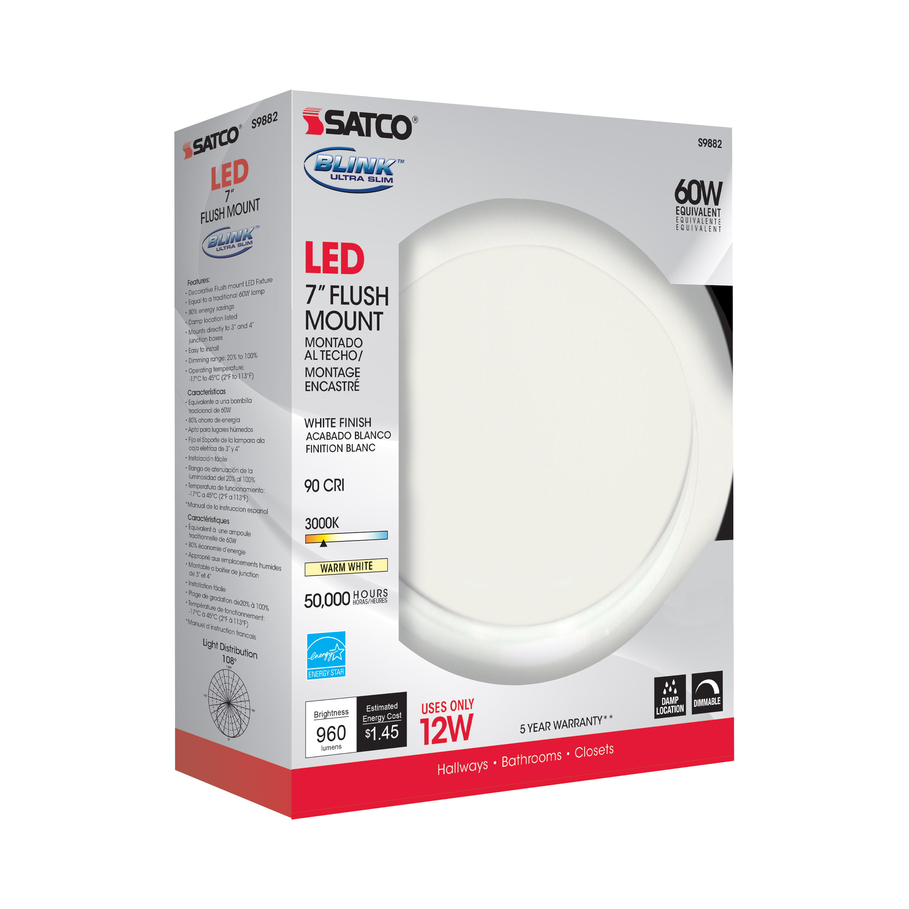 12W/LED/7"FLUSH/3K/WH/SL - S9882