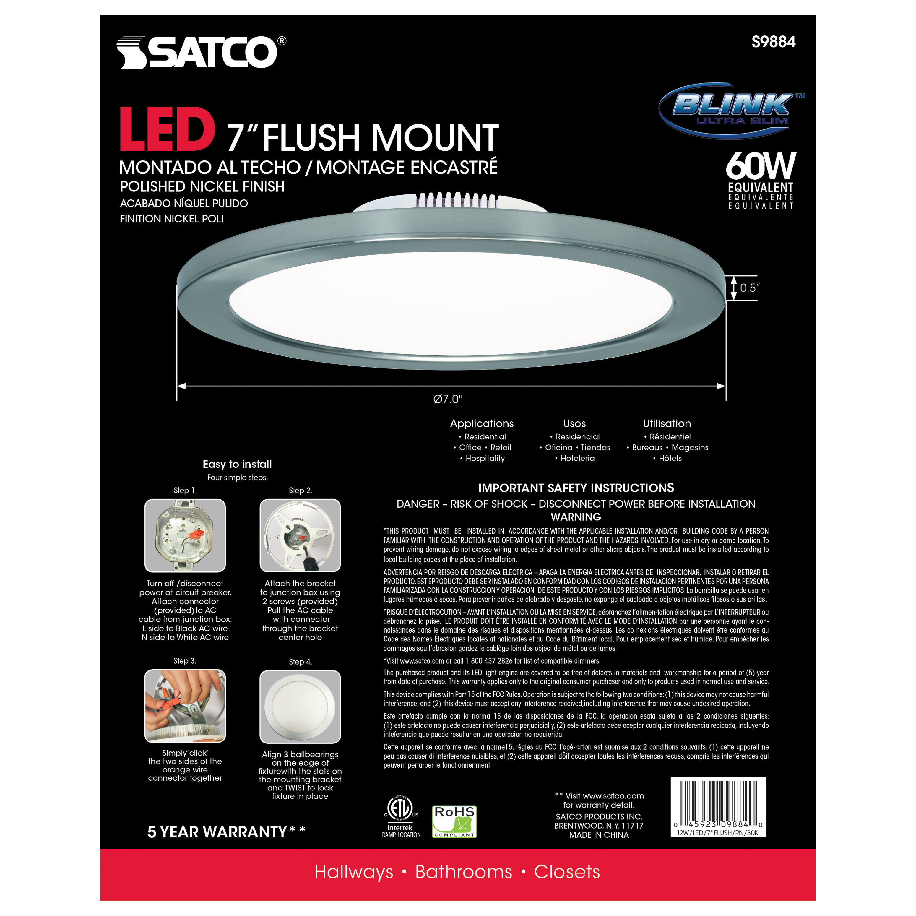 12W/LED/7"FLUSH/3K/PN/SL - S9884