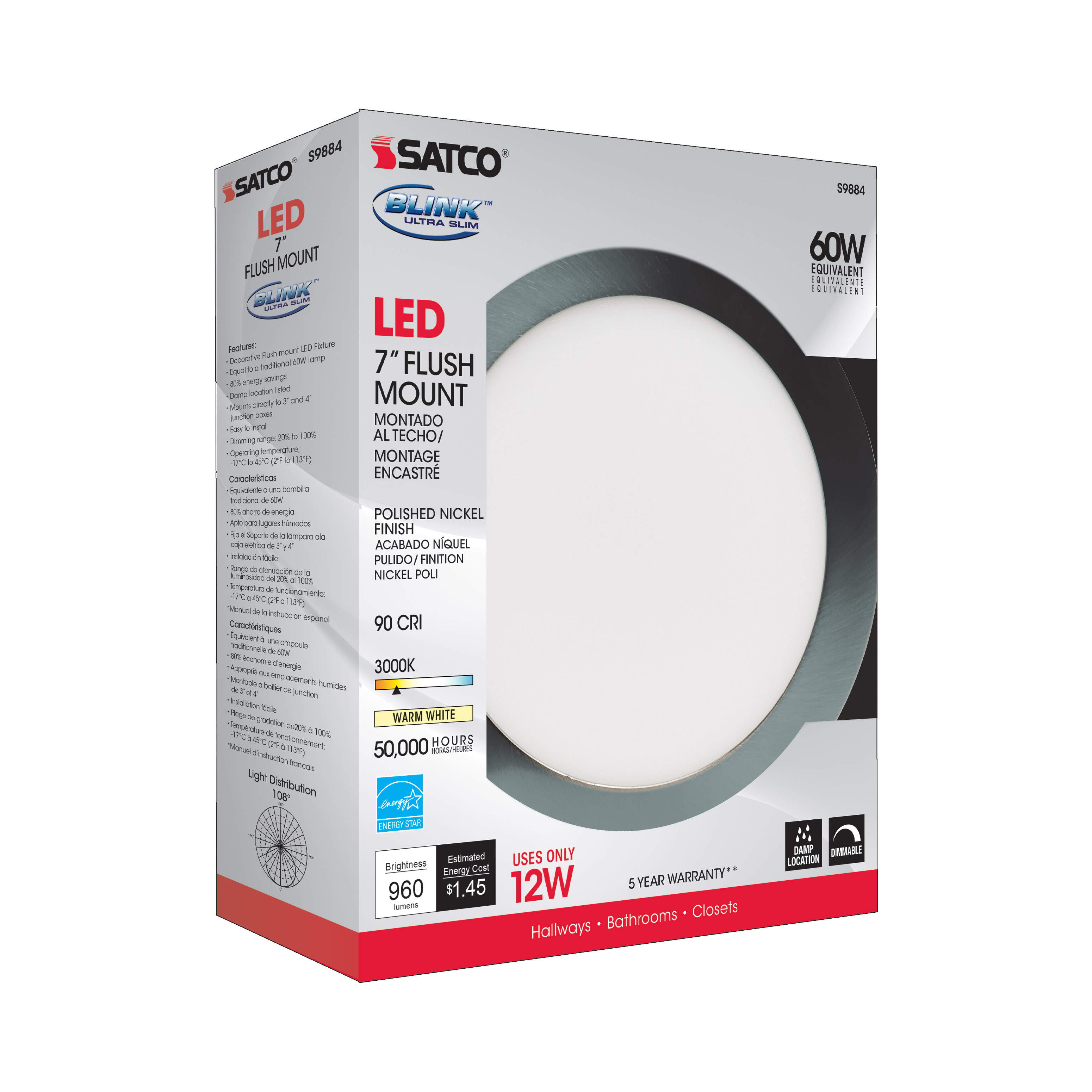 12W/LED/7"FLUSH/3K/PN/SL - S9884