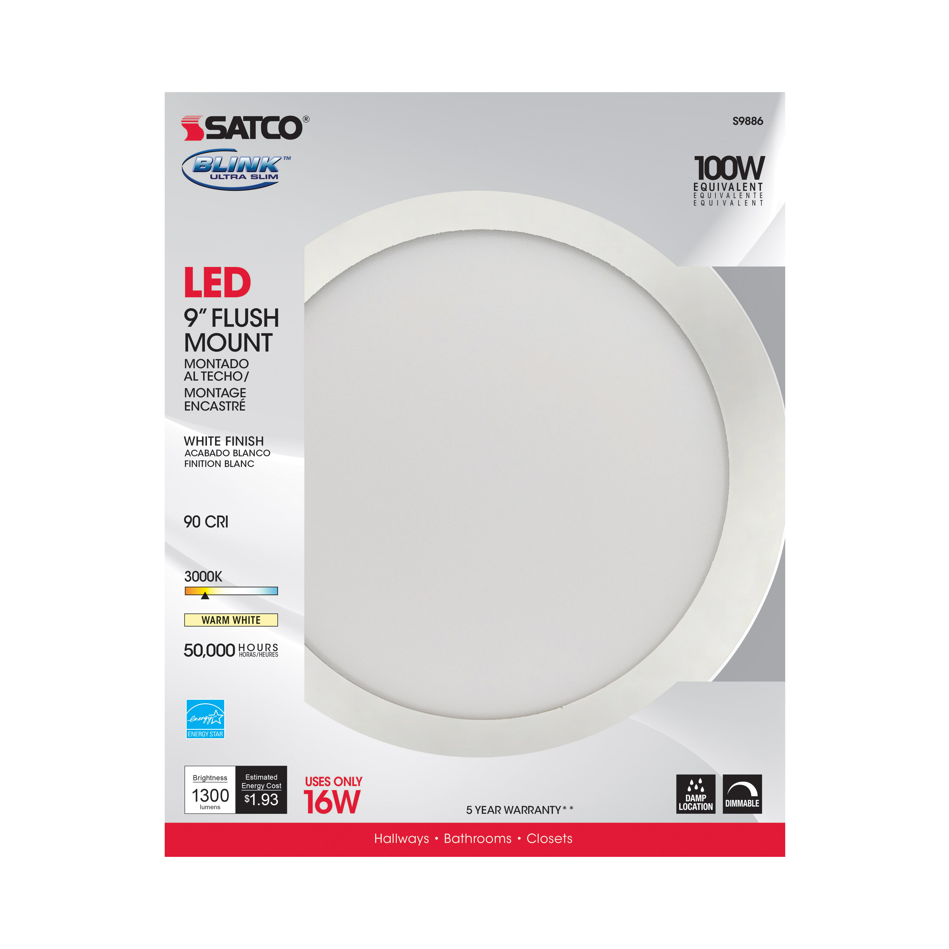 16W/LED/9"FLUSH/3K/WH/SL - S9886