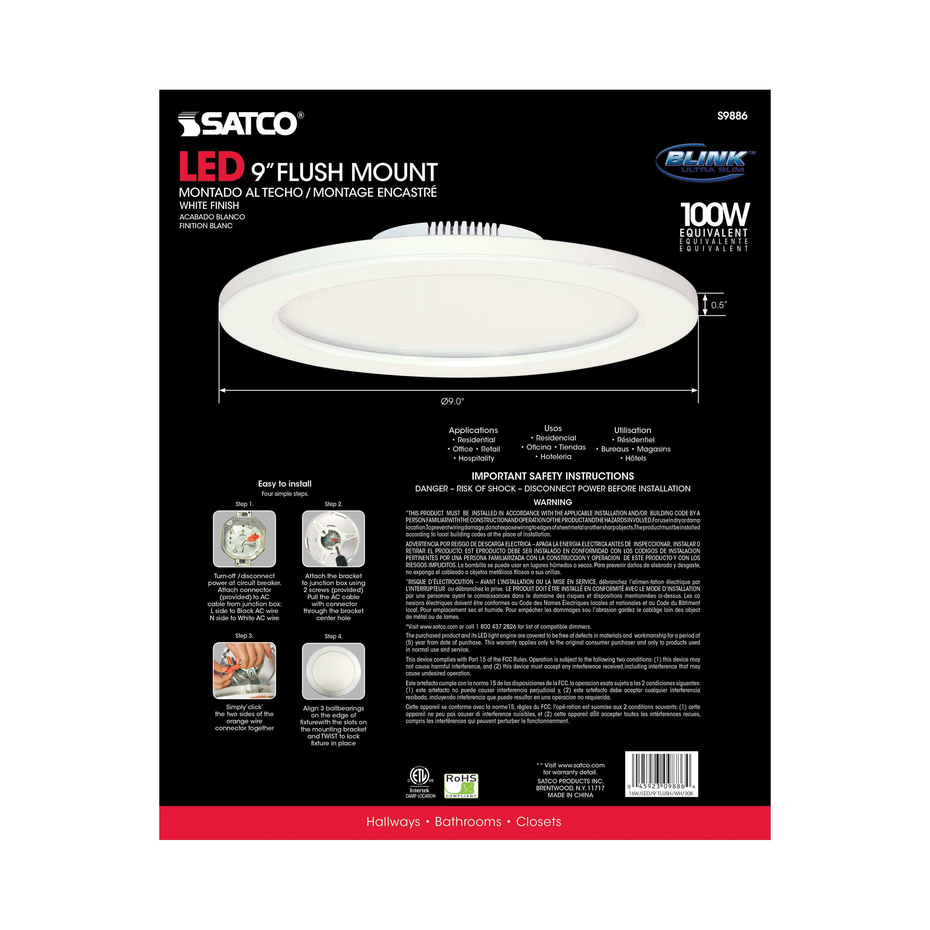 16W/LED/9"FLUSH/3K/WH/SL - S9886