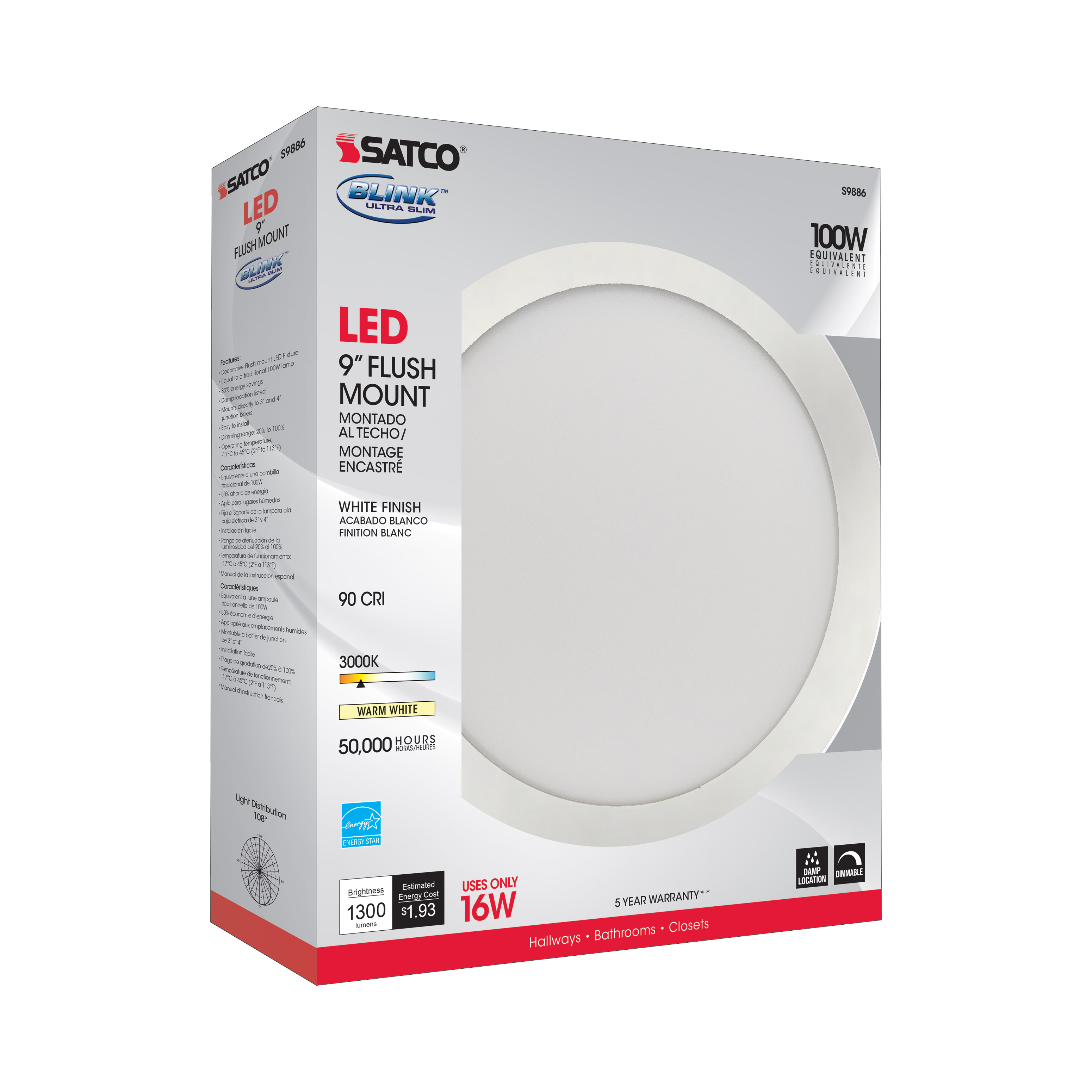 16W/LED/9"FLUSH/3K/WH/SL - S9886