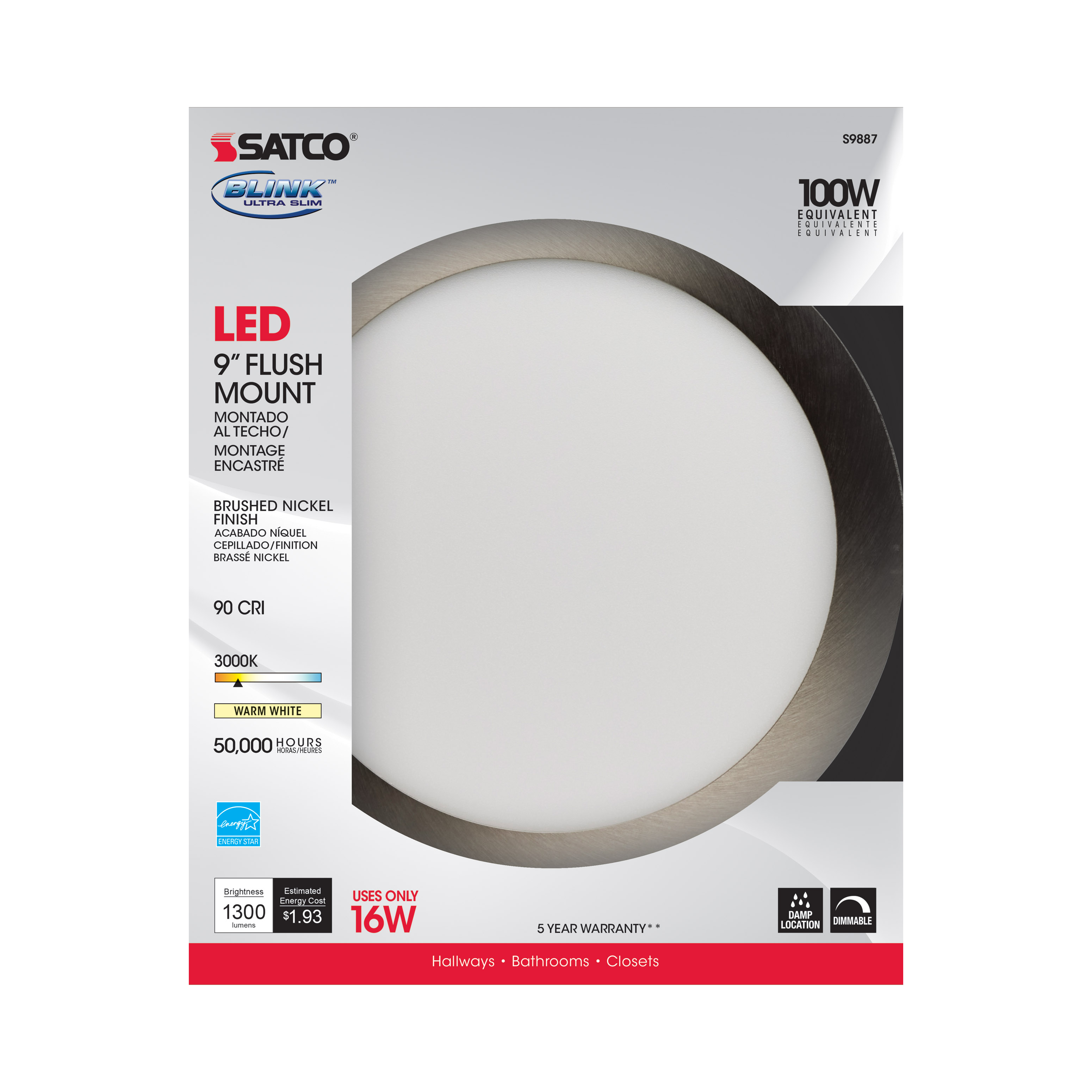 16W/LED/9"FLUSH/3K/BN/SL - S9887