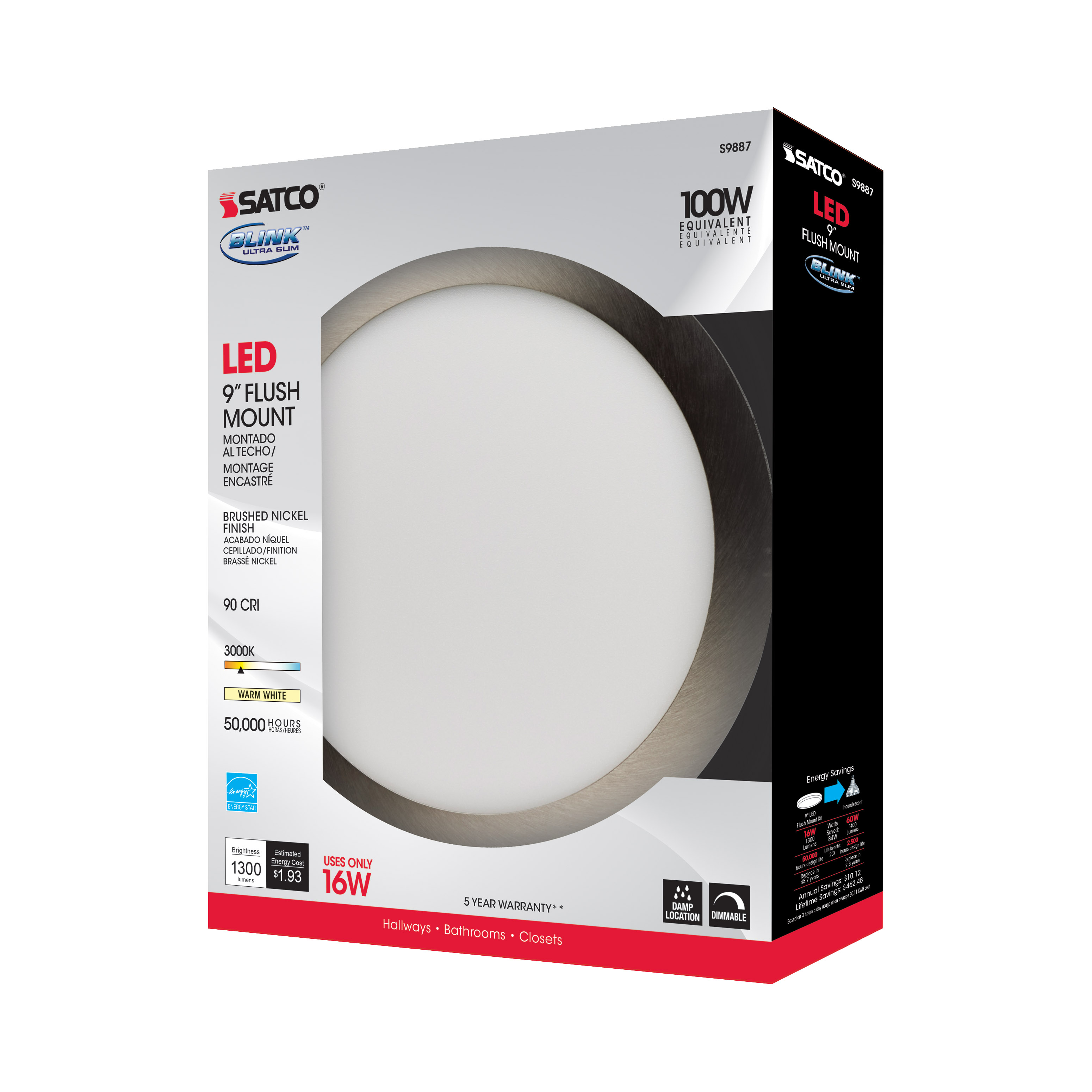 16W/LED/9"FLUSH/3K/BN/SL - S9887