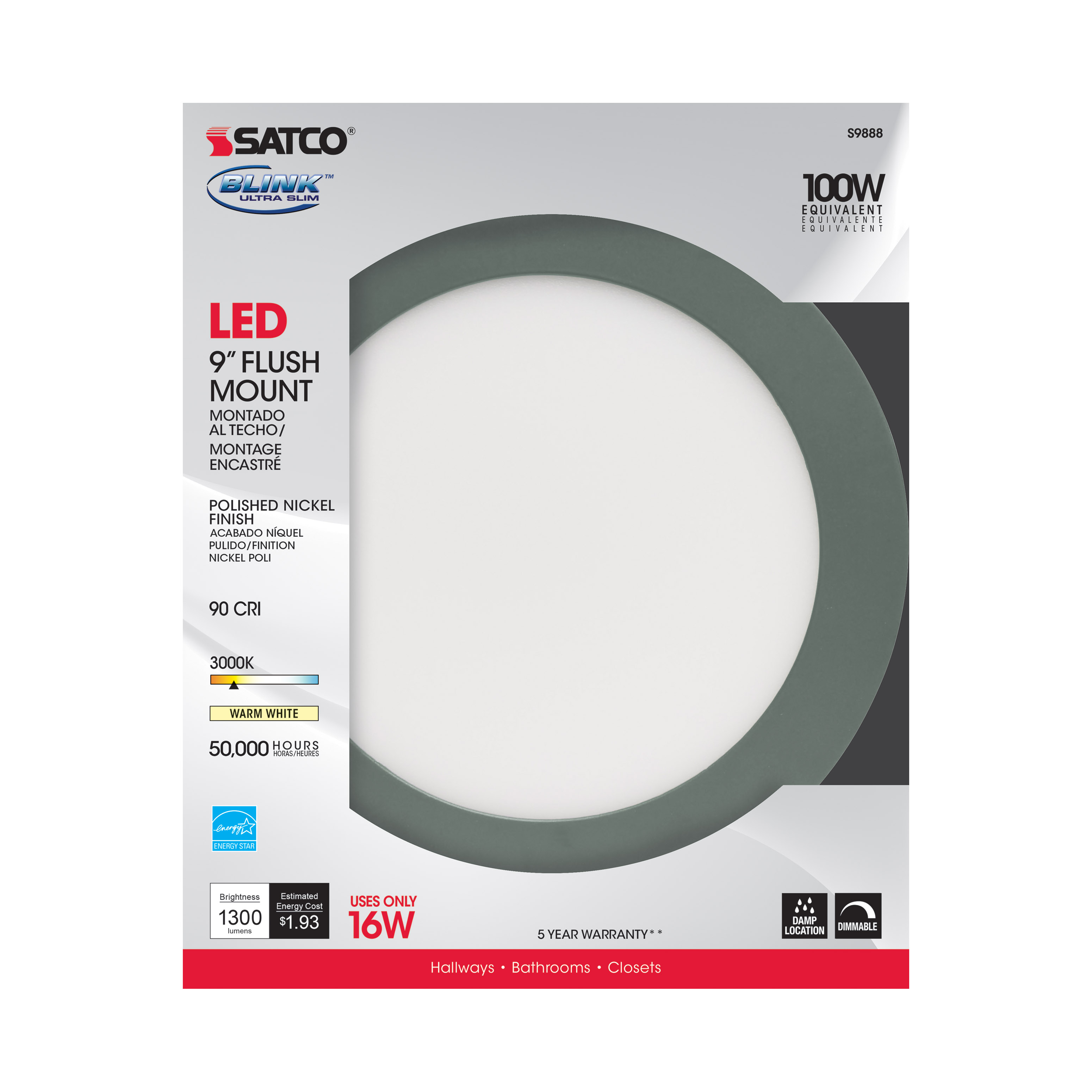 16W/LED/9"FLUSH/3K/PN/SL - S9888