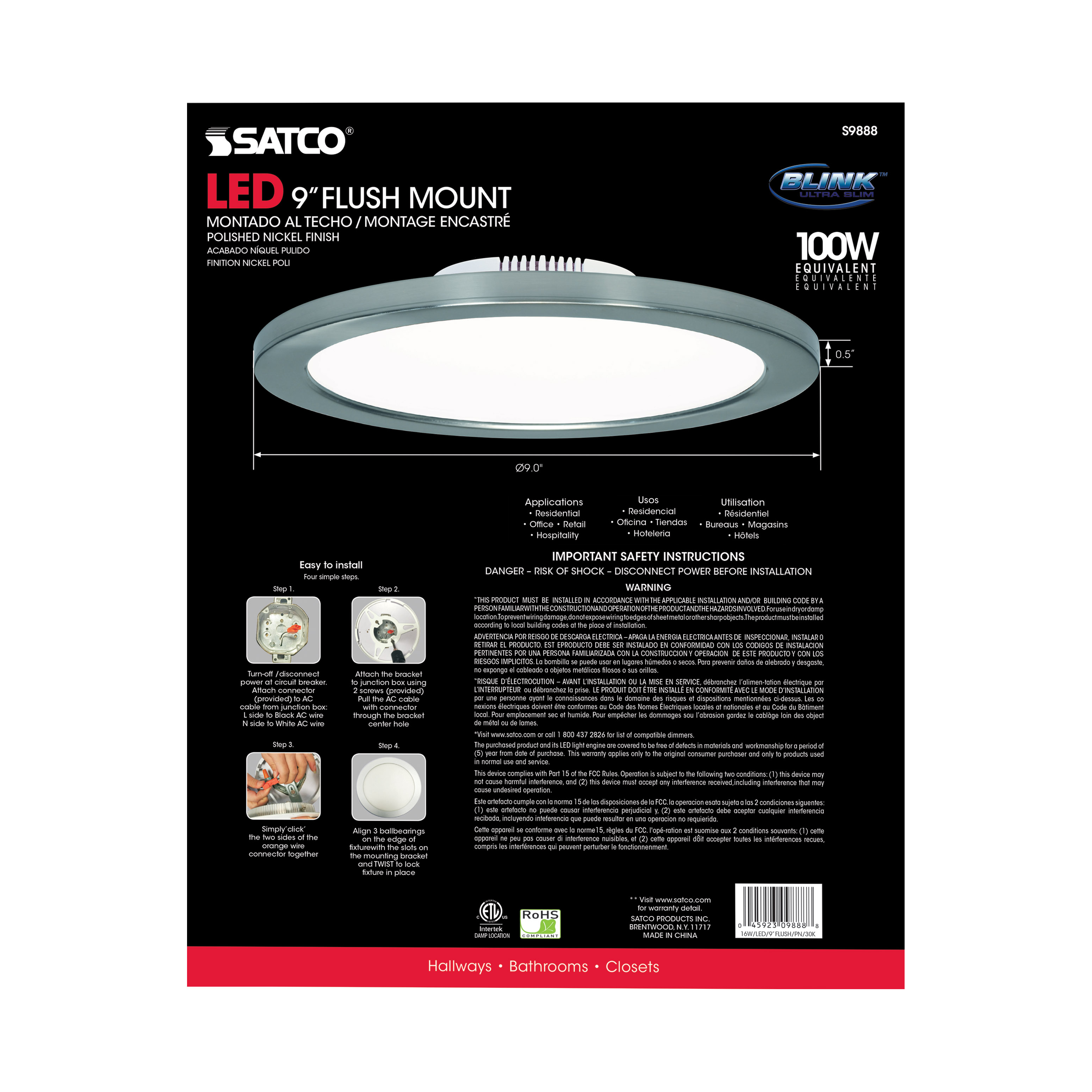 16W/LED/9"FLUSH/3K/PN/SL - S9888