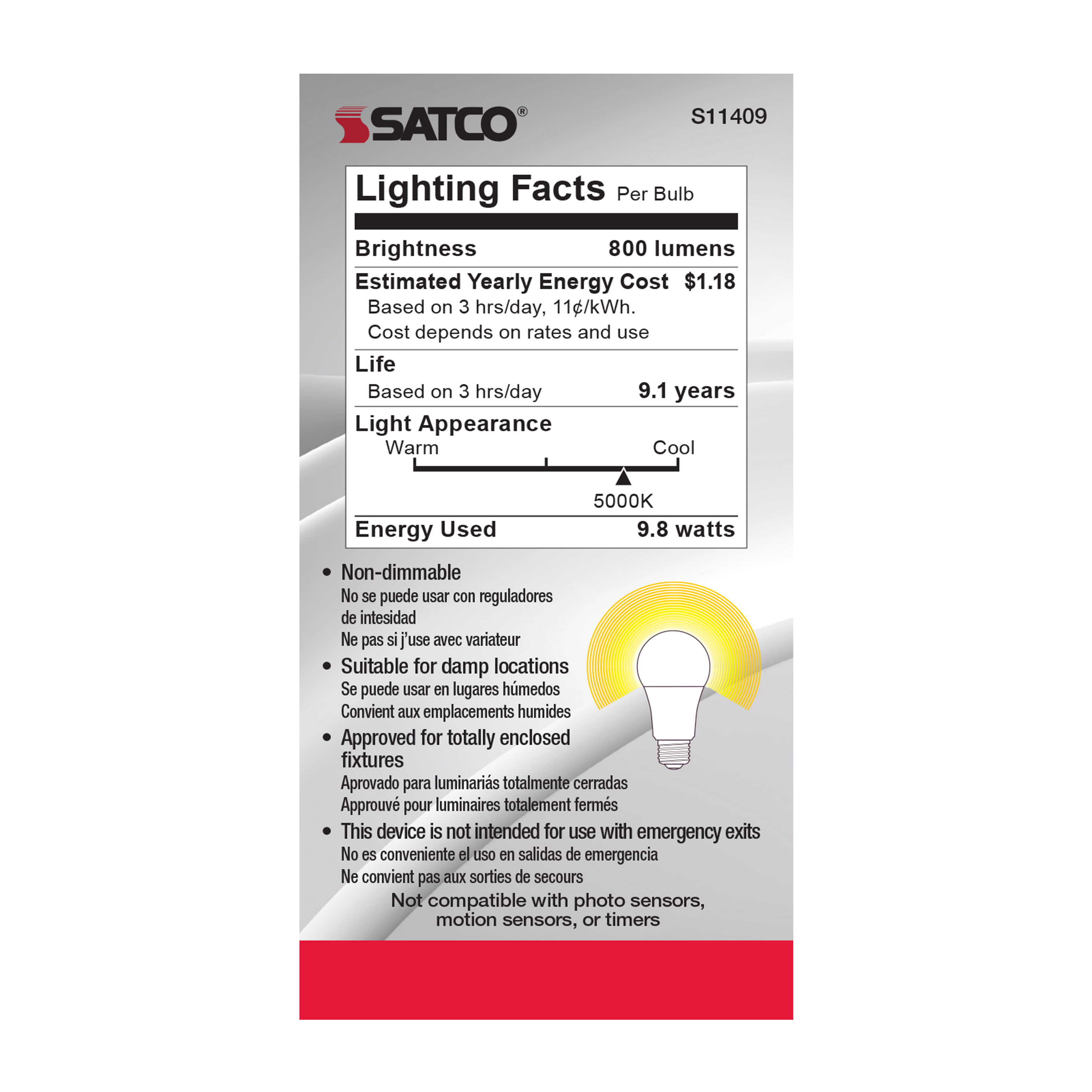9.8A19/LED/50K/120V/ECO/ND - S11409