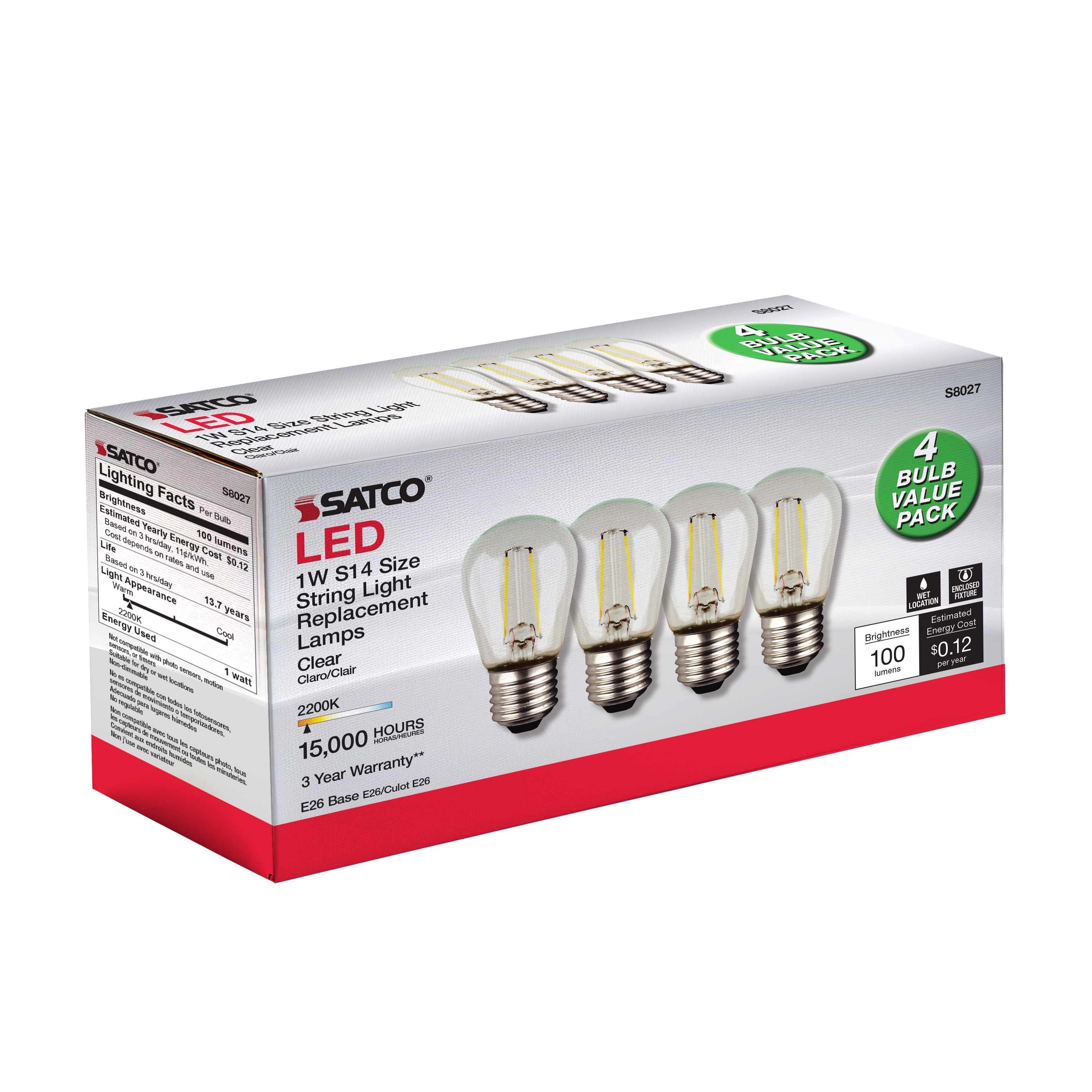 1W/LED/S14/CL/822/120V/ND/4PK - S8027