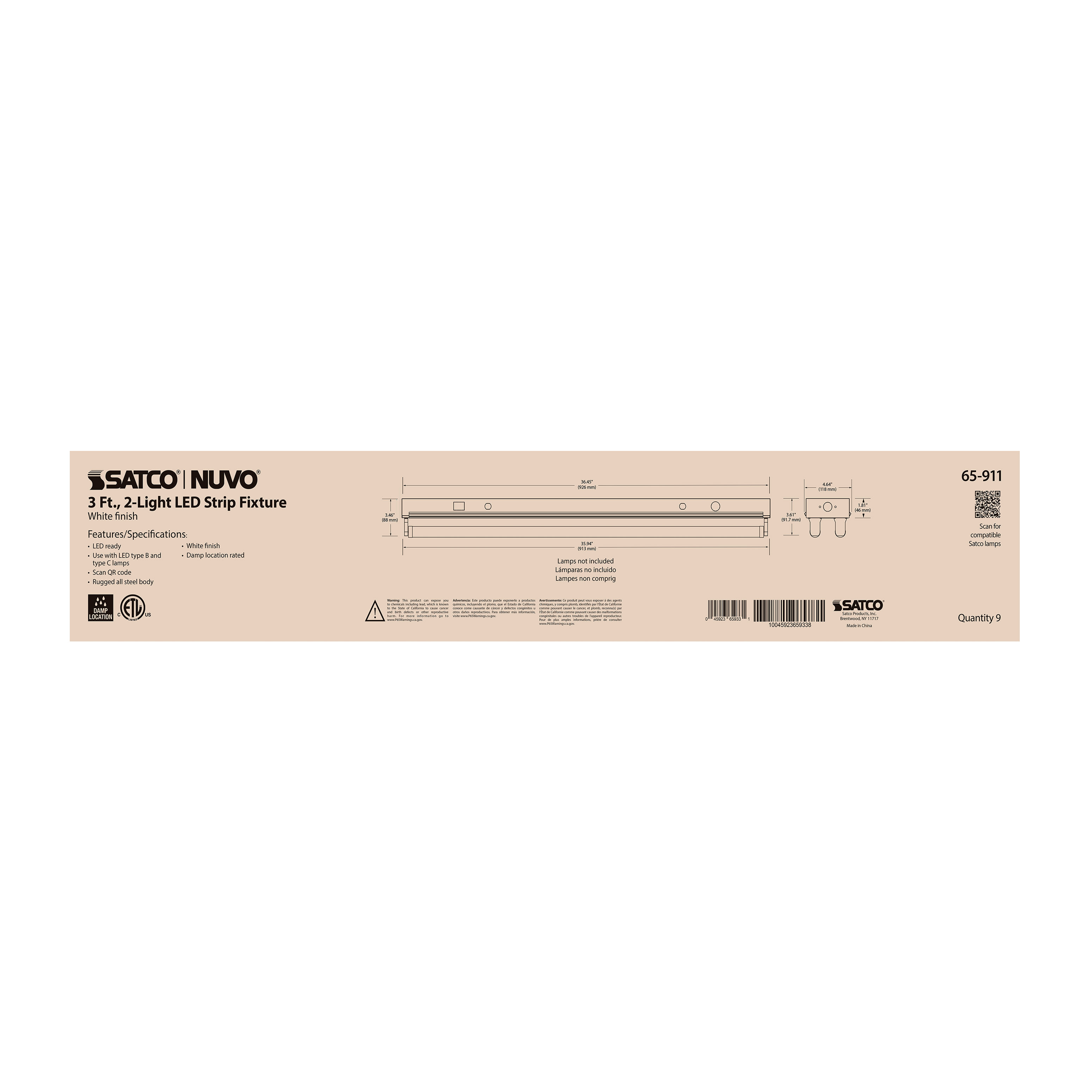 65-911 3' DUAL T8 LAMP READY FIXTURE