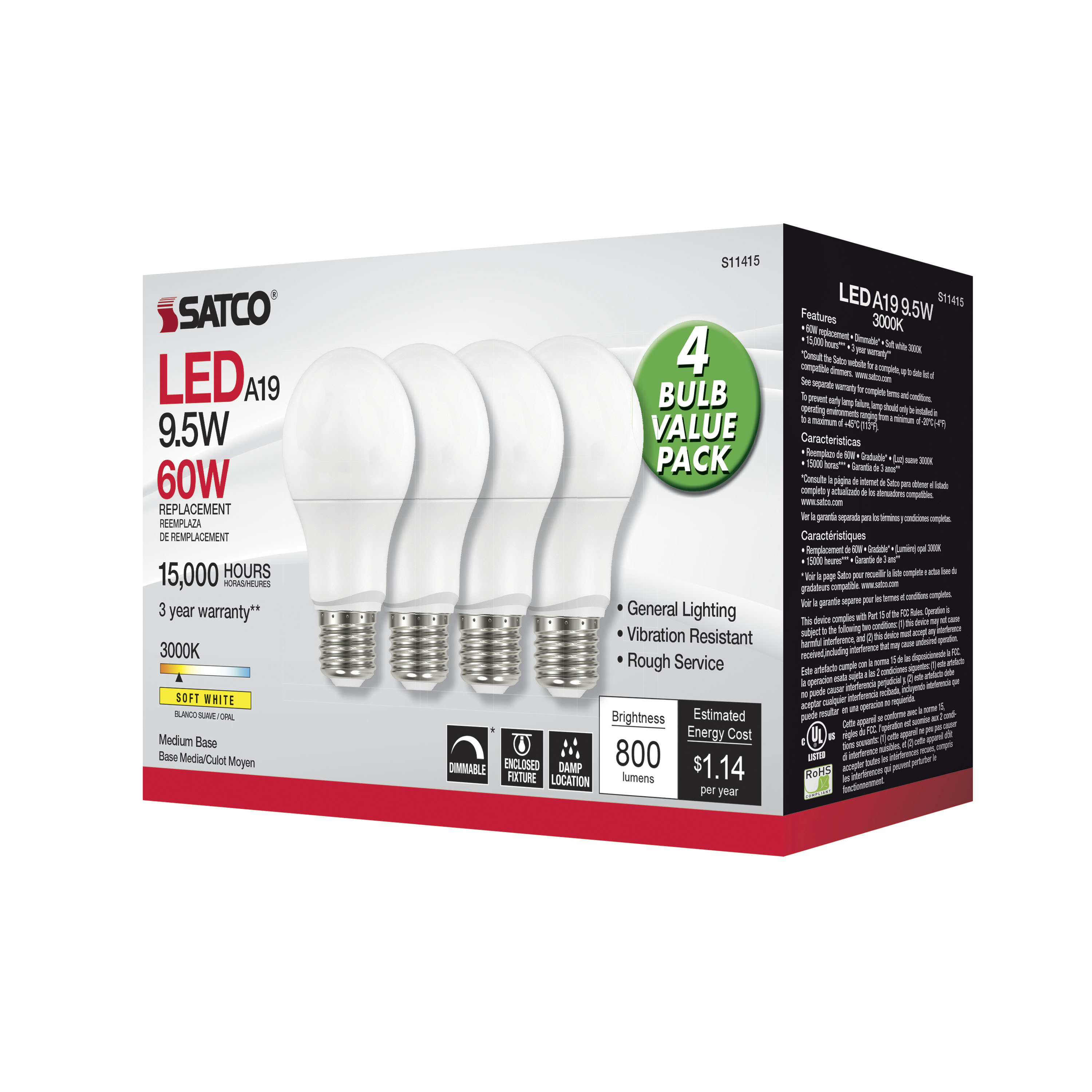 9.5A19/LED/830/120V/D/4PK - S11415