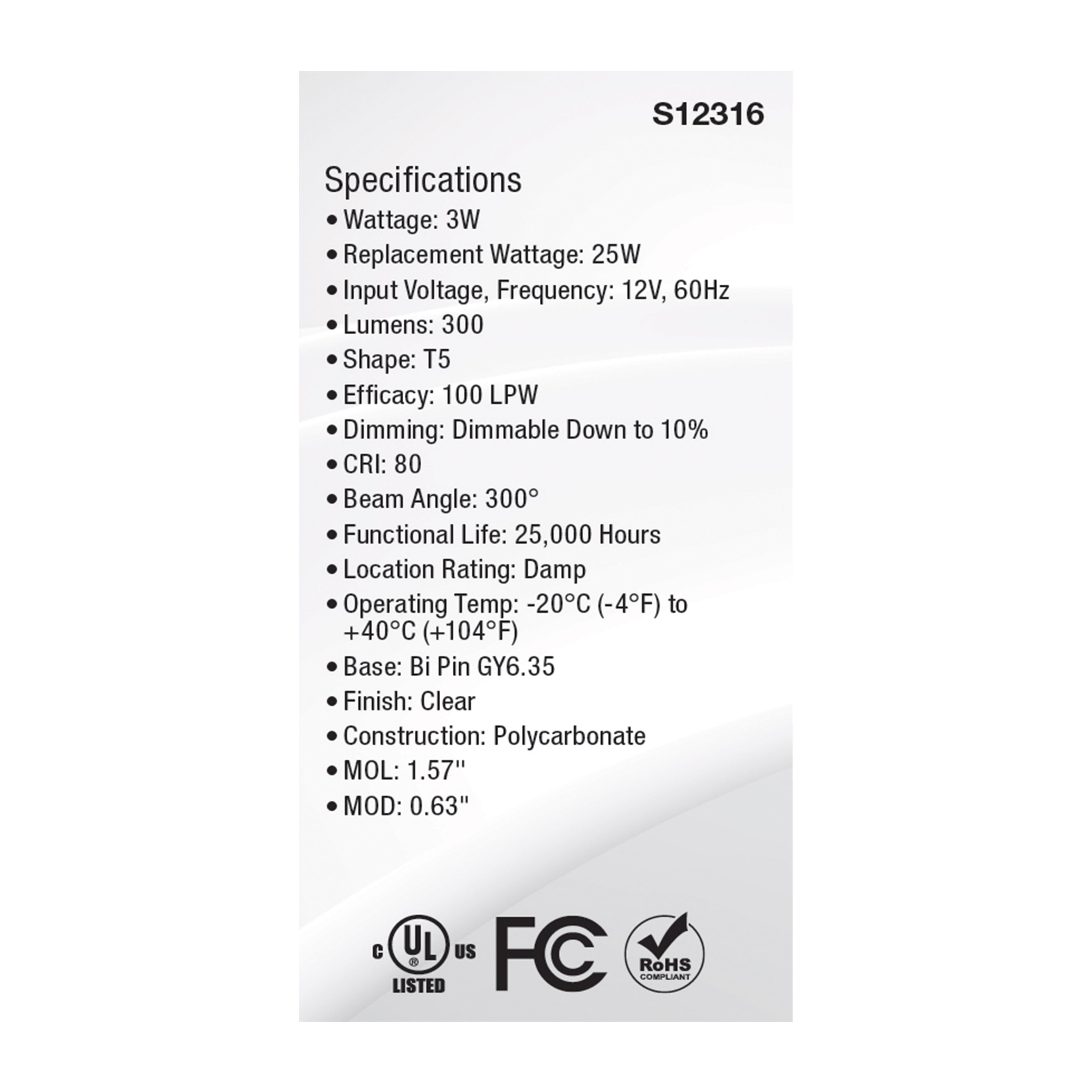 S12316 3W/LED/GY6.35/CL/830/12V