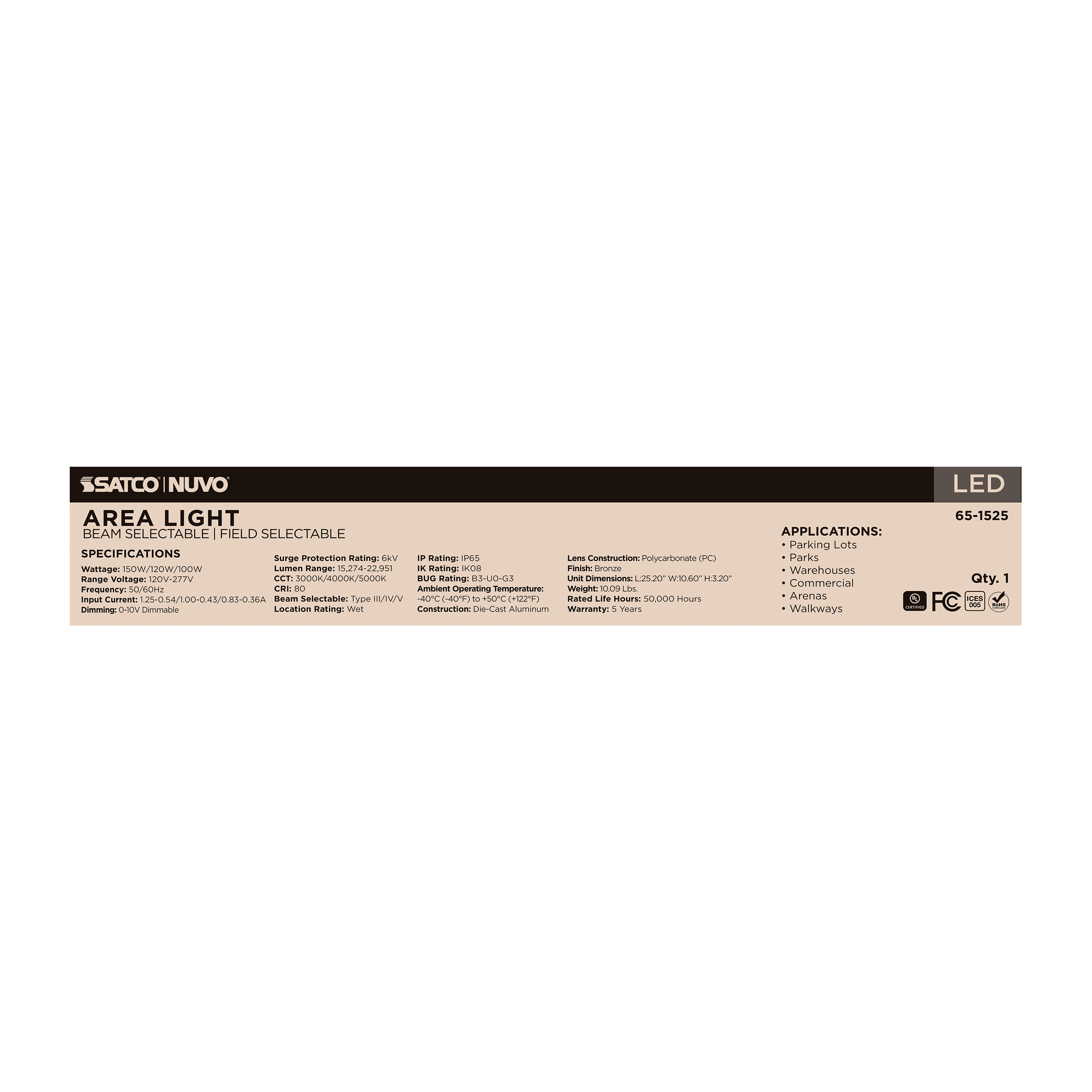 65-1525 LED AREA LIGHT BRONZE 120-277V