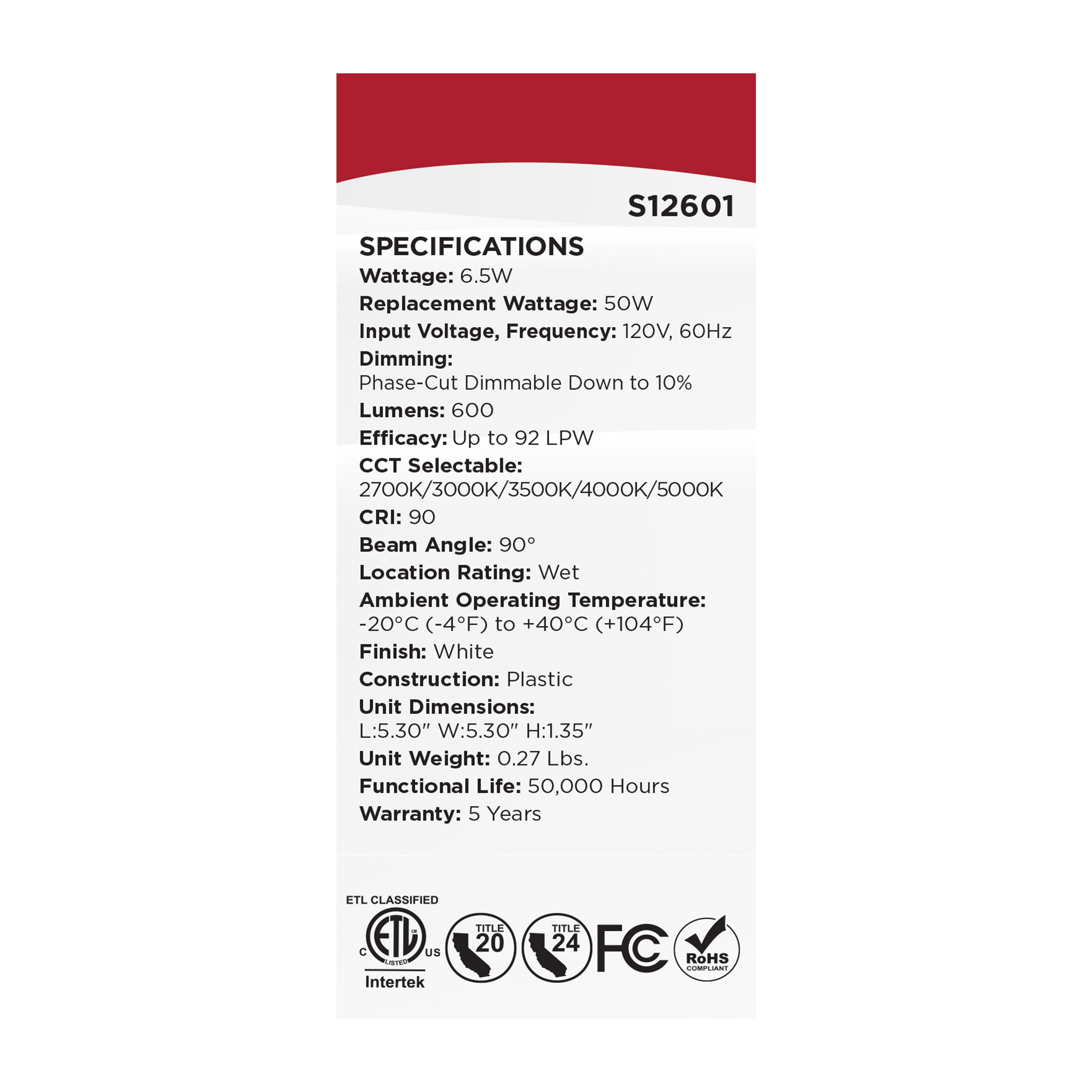 6WLED/DLR/4/5CCT/E/SQ/WH - S12601