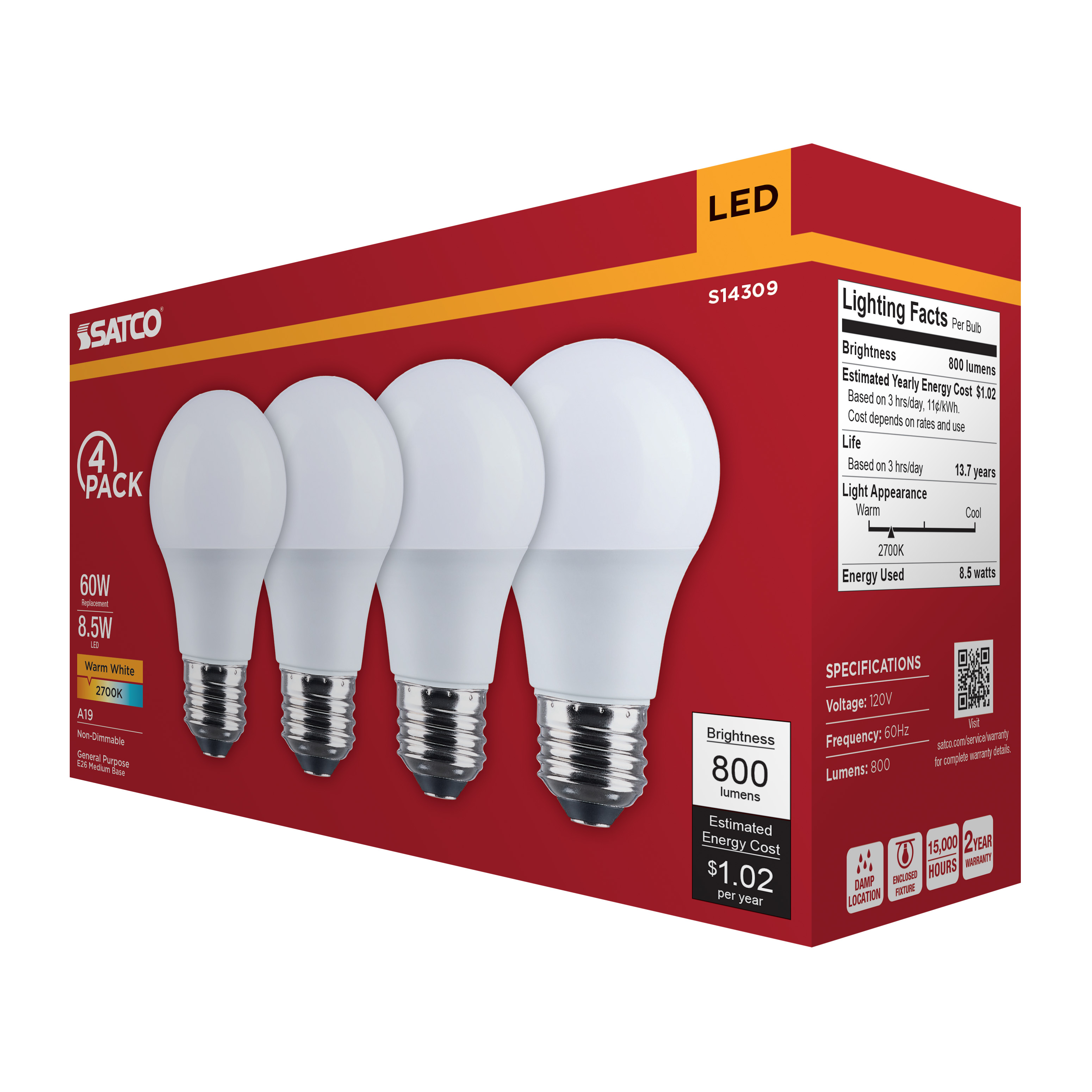 8.5A19L/827/E26/P/ND/4PK - S14309