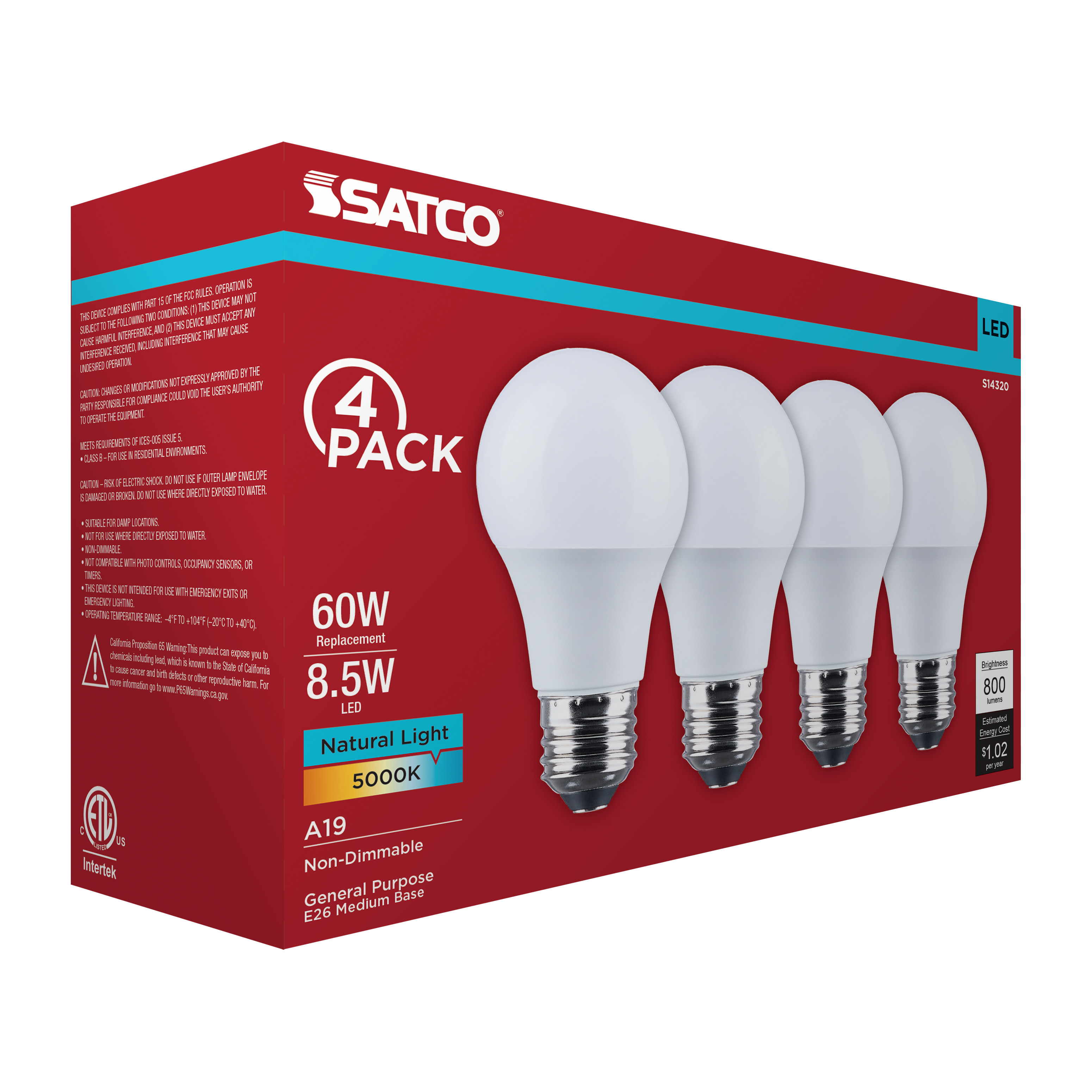 8.5A19L/850/E26/P/ND/4PK - S14320