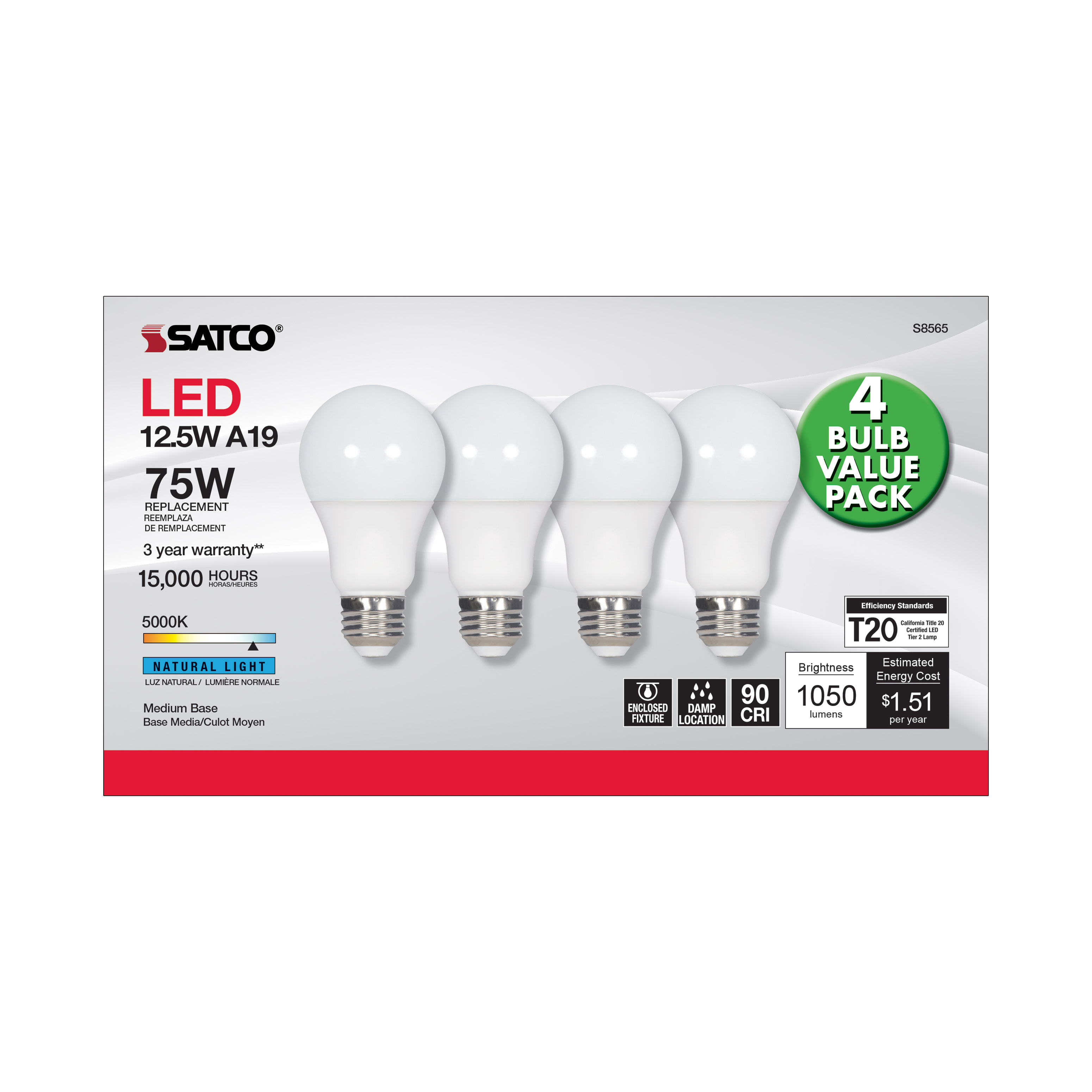 12.5A19/LED/50K/ND/120V/4PK - S8565