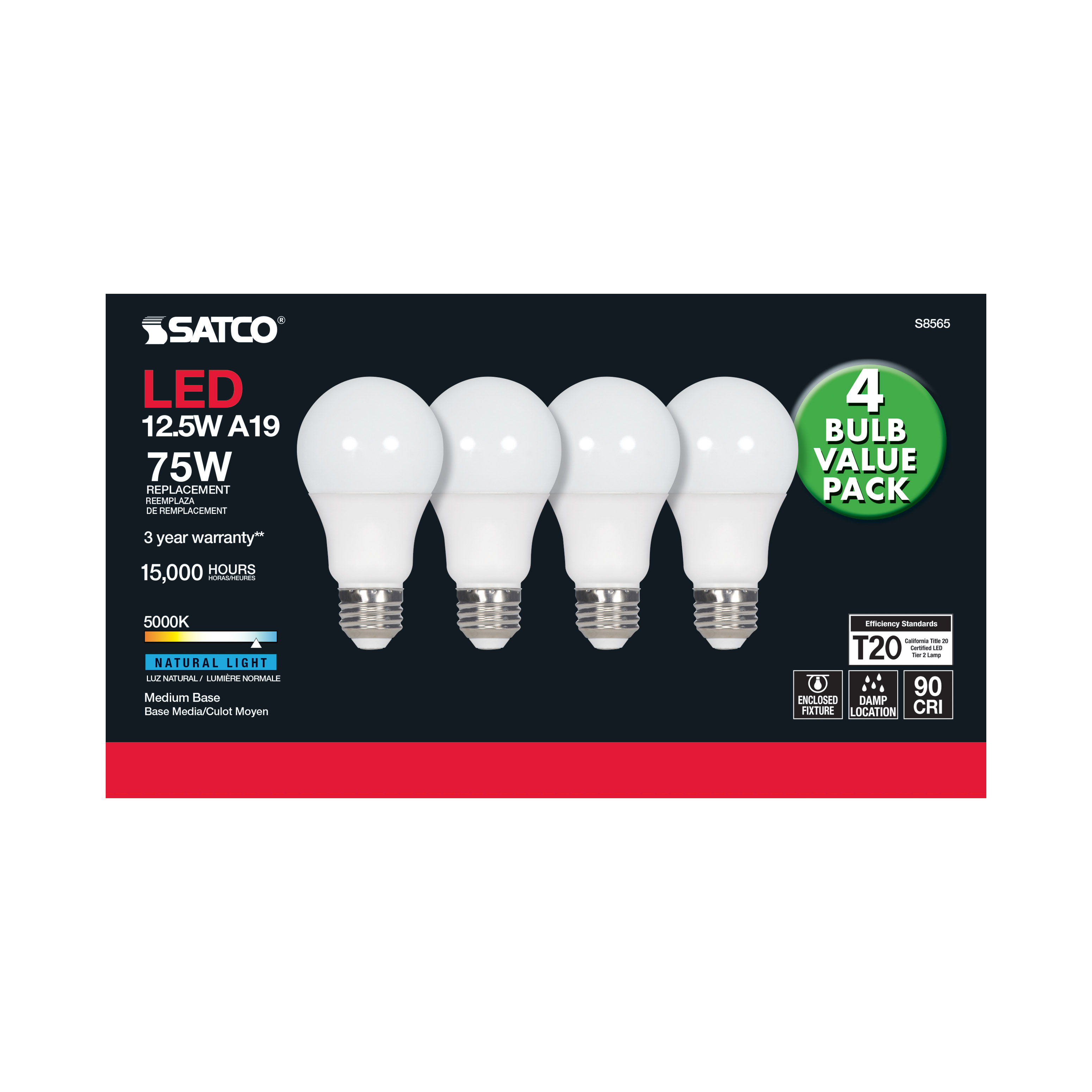 12.5A19/LED/50K/ND/120V/4PK - S8565
