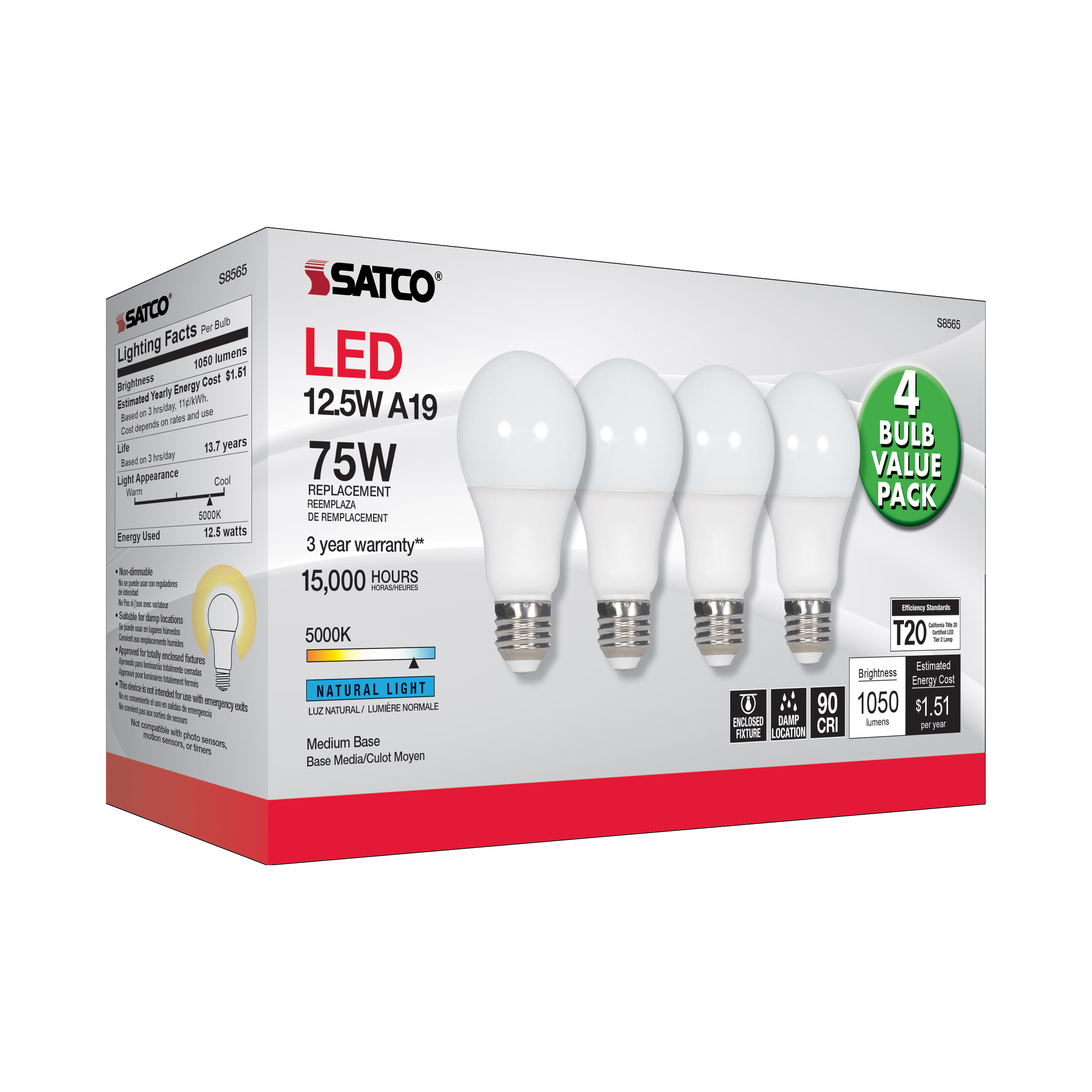 12.5A19/LED/50K/ND/120V/4PK - S8565