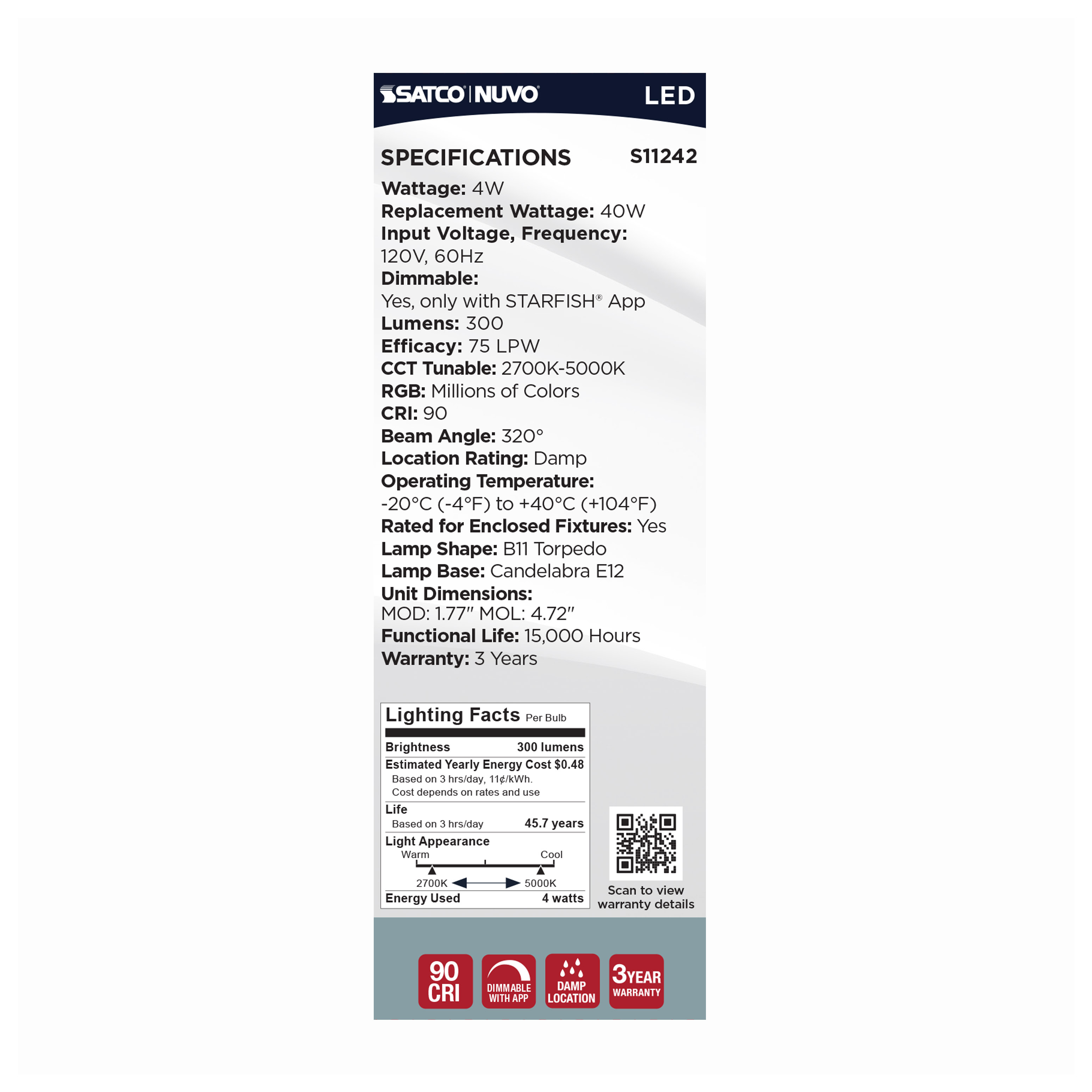 B11/4W/LED/RGBTW/CL/E12 - S11242