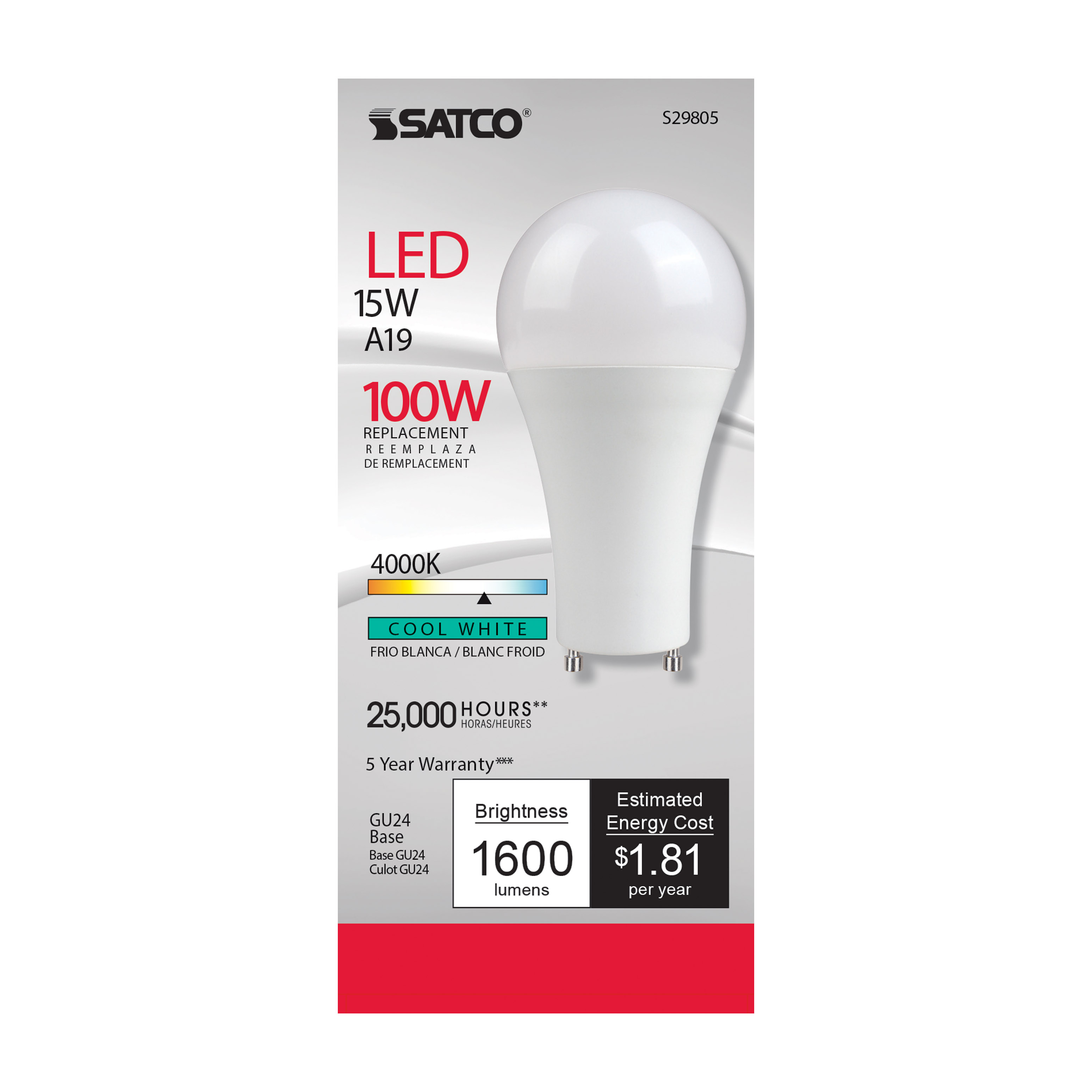 15A19/LED/40K/1600/120V/GU24 - S29805