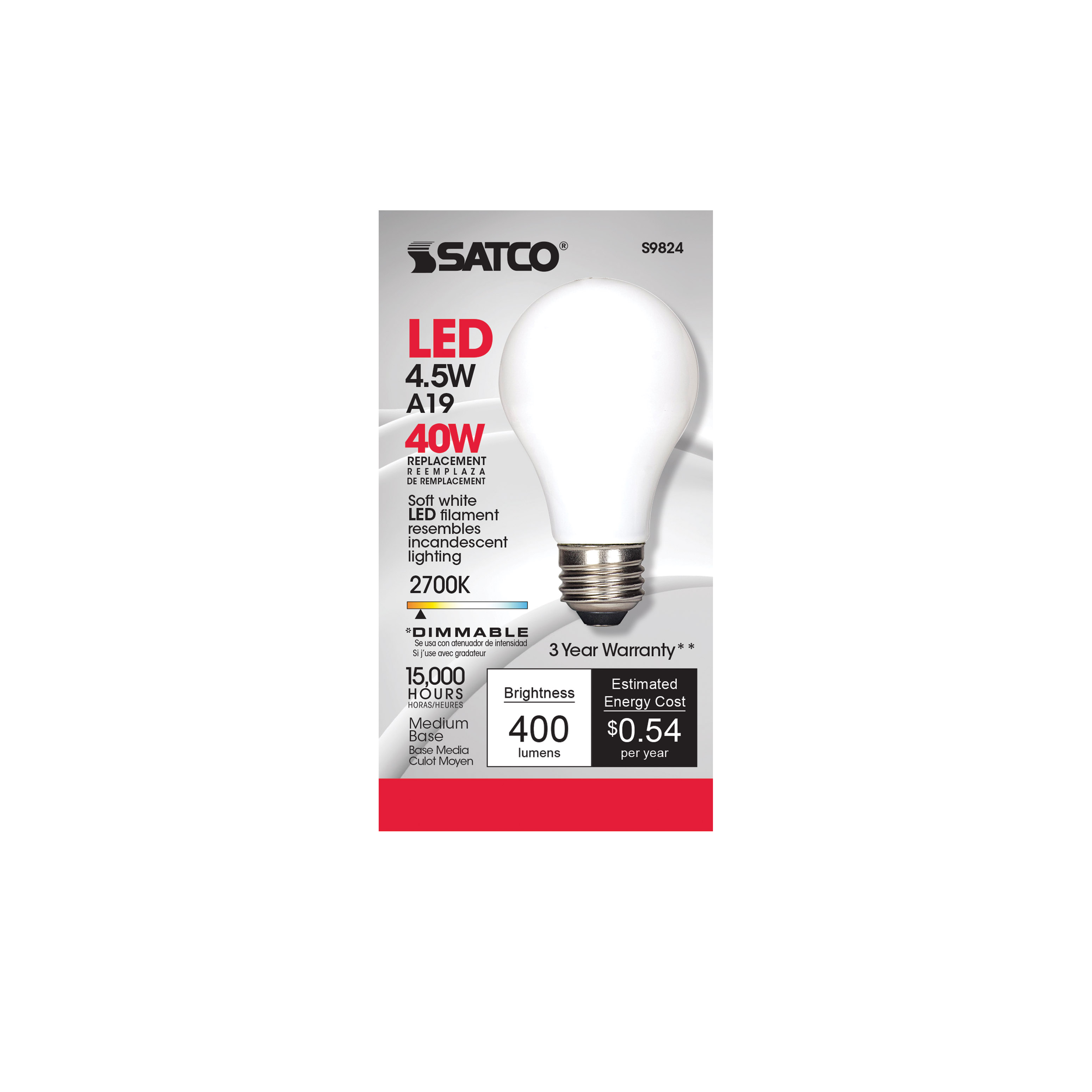 4.5A19/SW/LED/E26/27K/120V - S9824