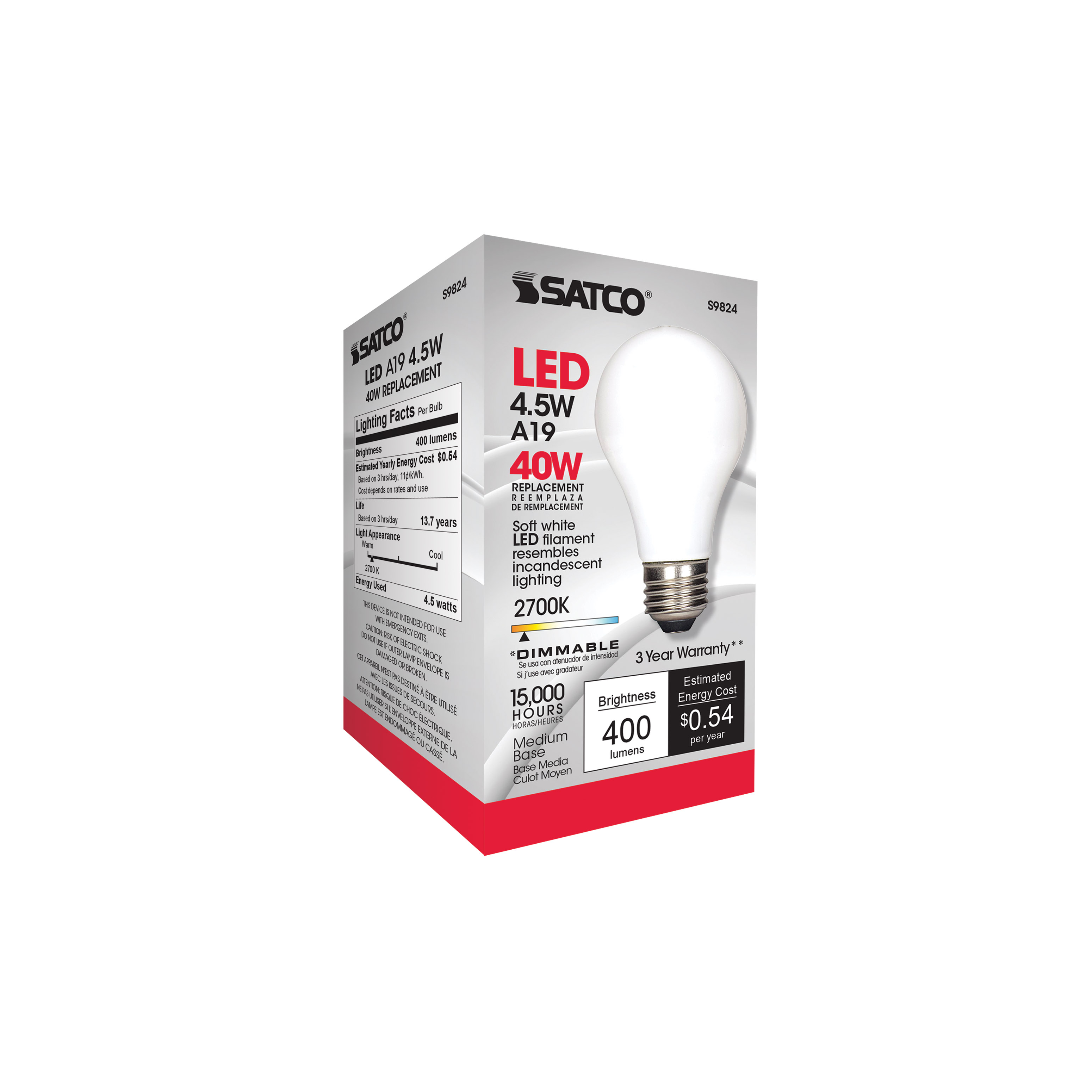 4.5A19/SW/LED/E26/27K/120V - S9824