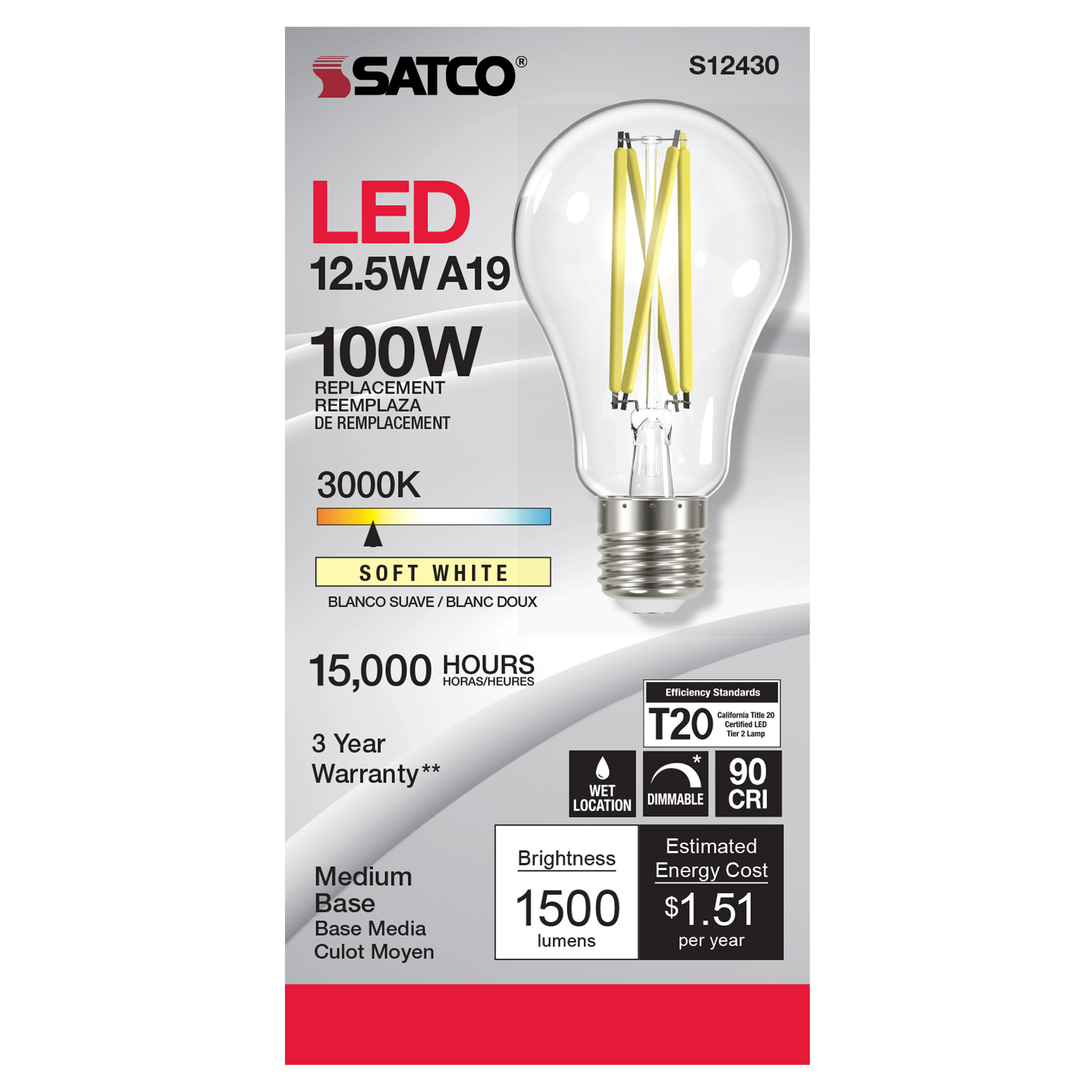 12.5A19/CL/LED/E26/930/120V - S12430