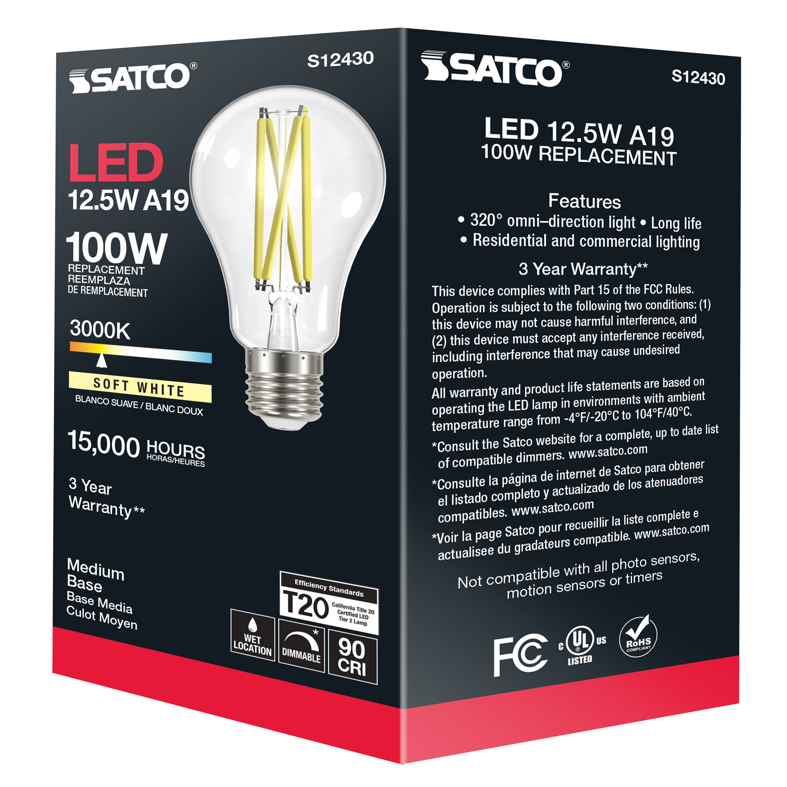 12.5A19/CL/LED/E26/930/120V - S12430