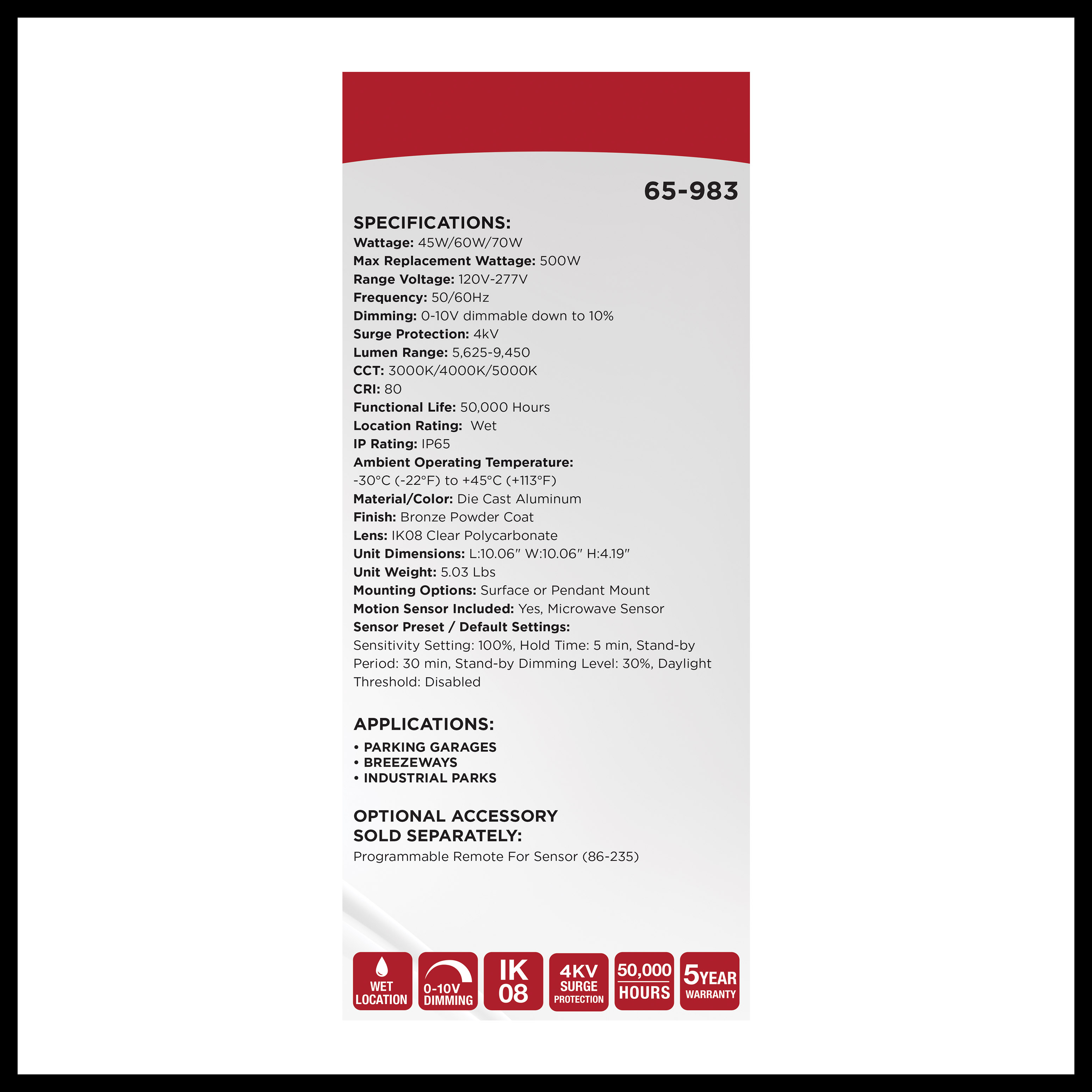 10" LED CANOPY W/SENSOR - 65-983