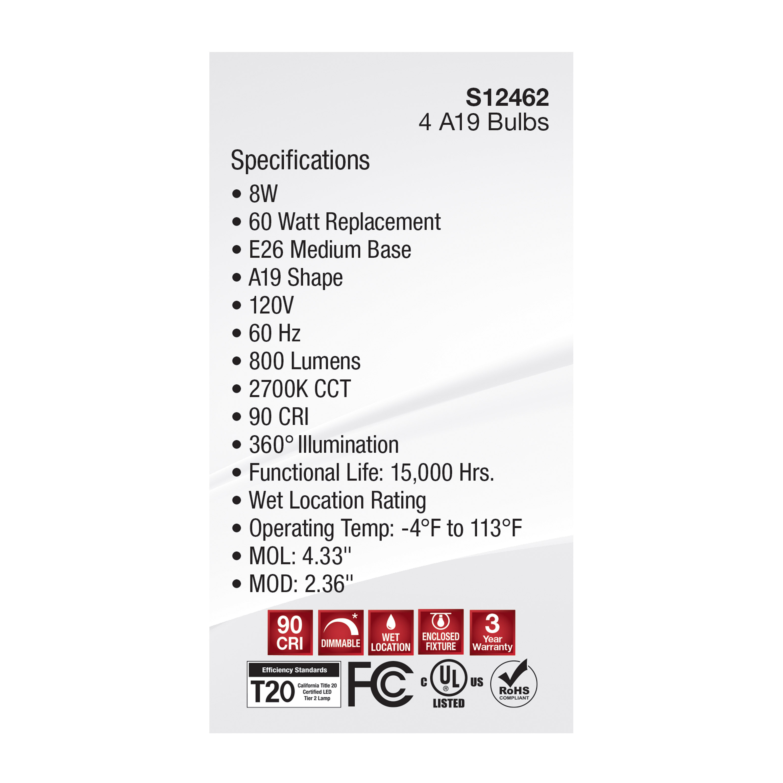 8A19/CL/4PK/E26/927/LED/120V - S12462