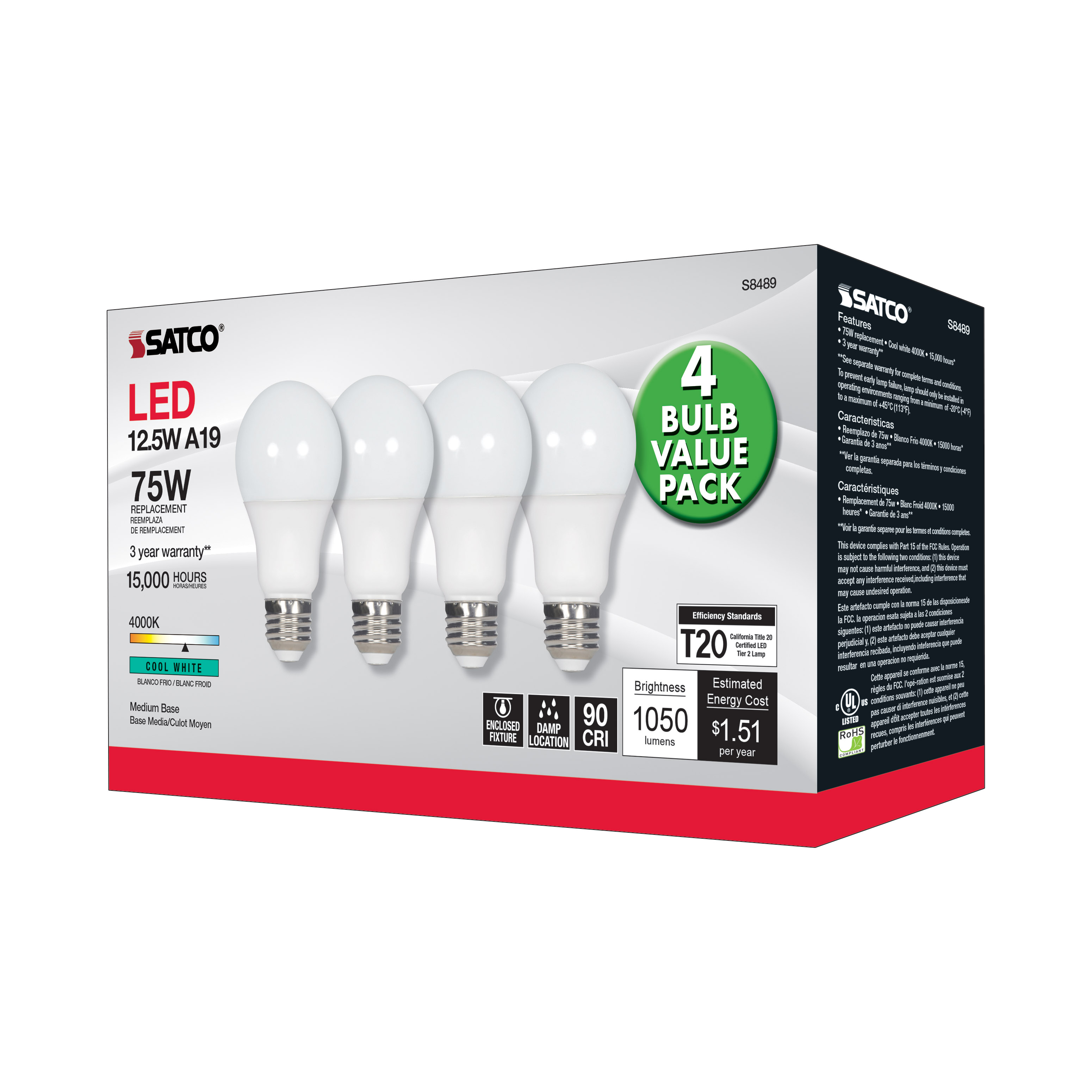 12.5A19/LED/40K/ND/120V/4PK - S8489