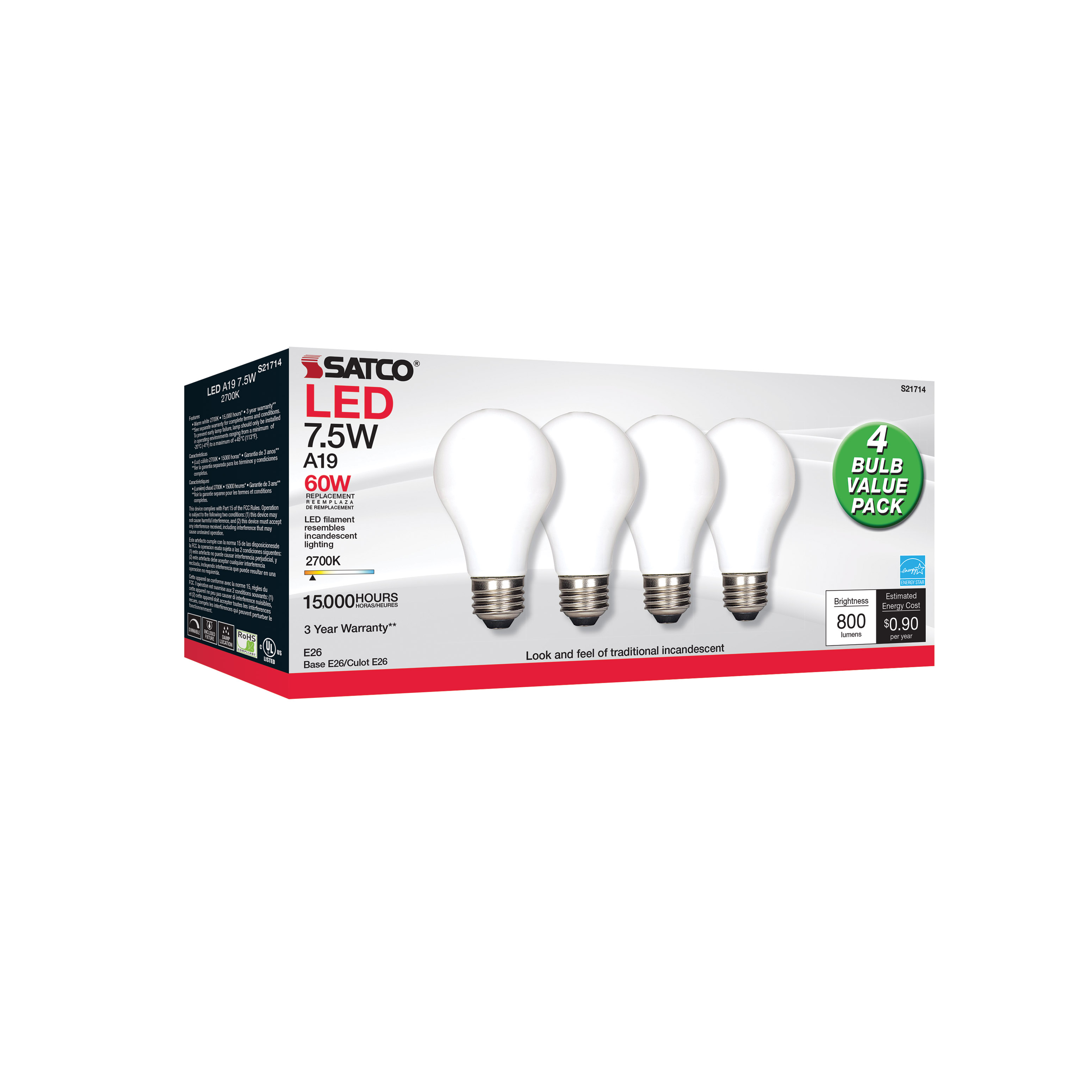 7.5A19/SW/LED/E26/27K/120V/4PK - S21714