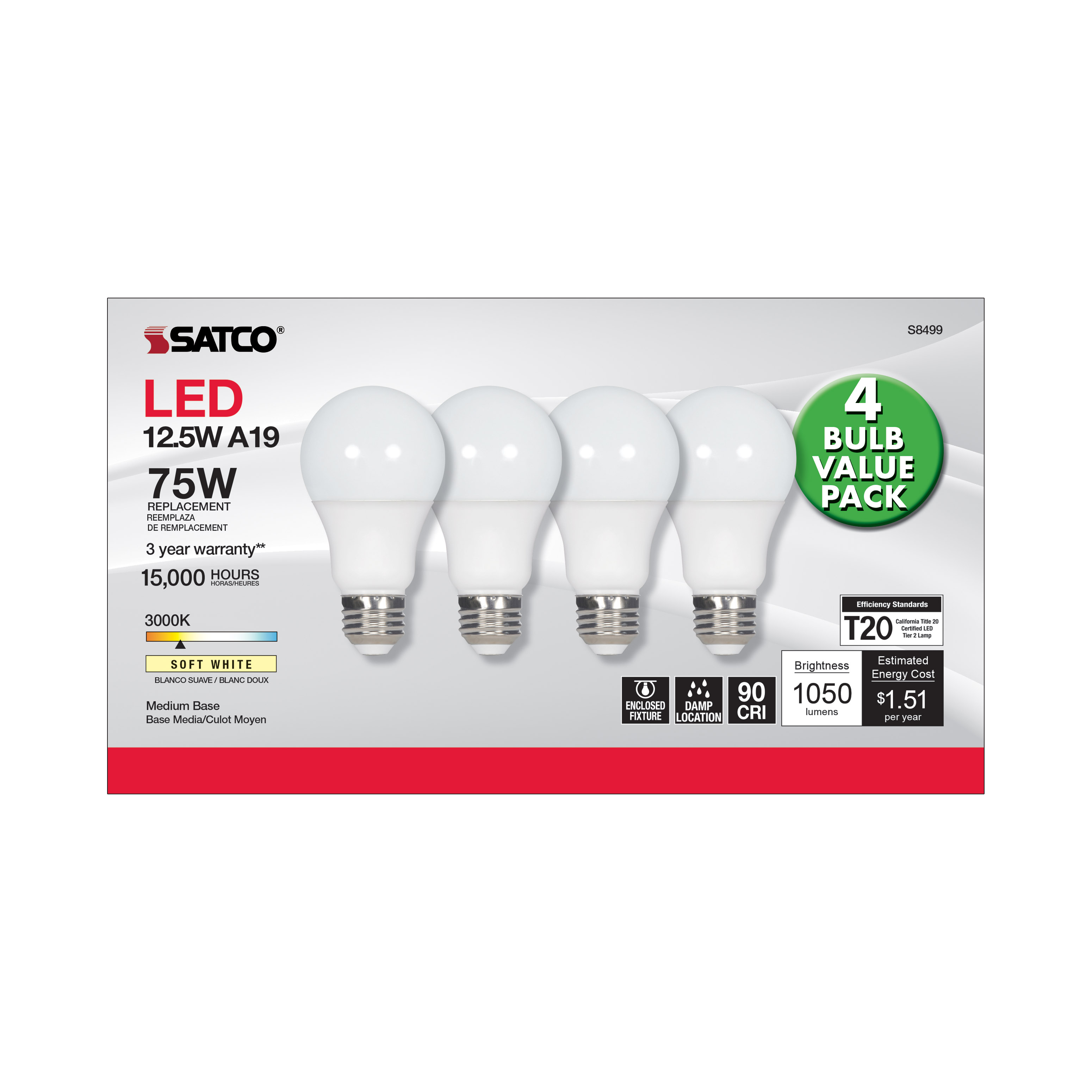 12.5A19/LED/30K/ND/120V/4PK - S8499