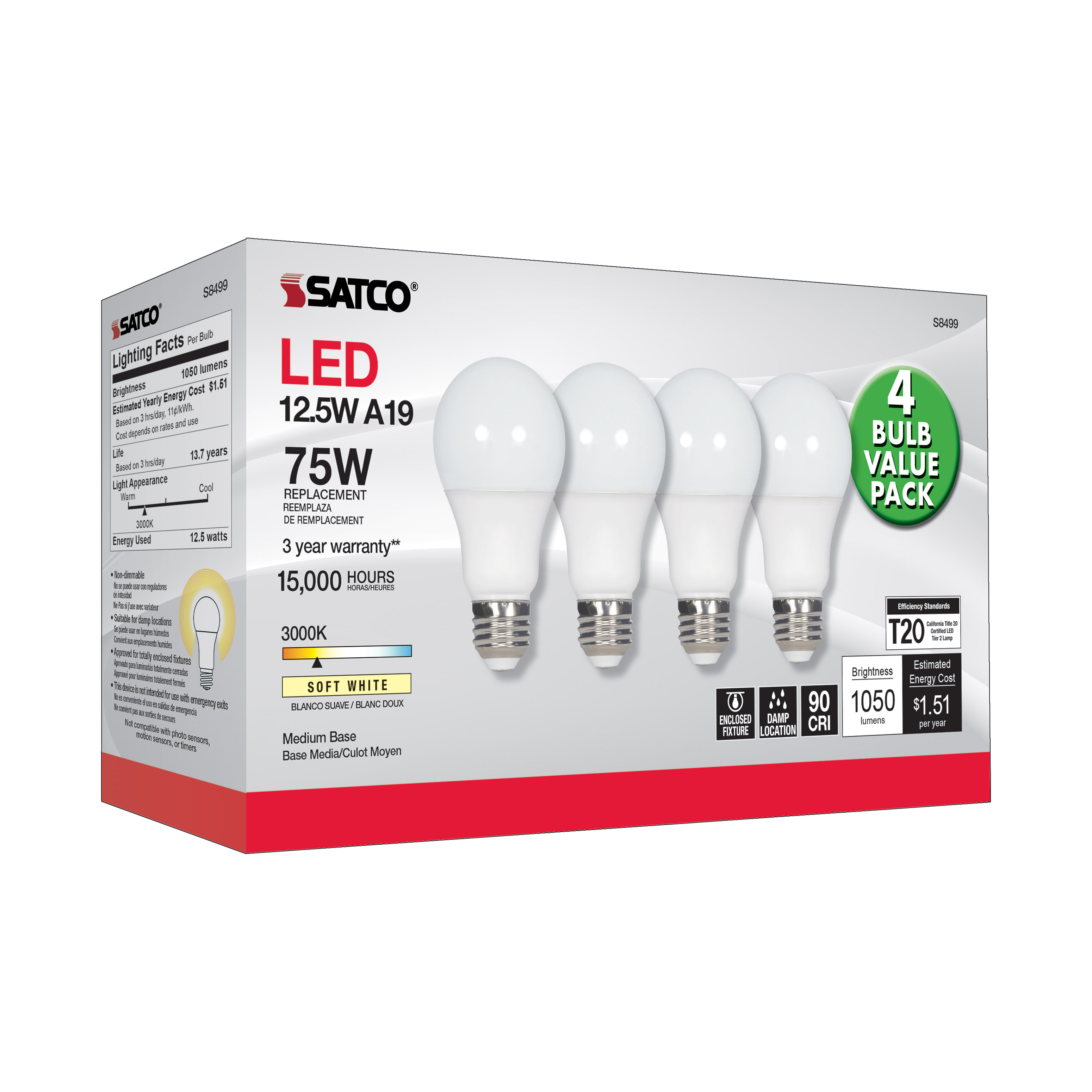 12.5A19/LED/30K/ND/120V/4PK - S8499