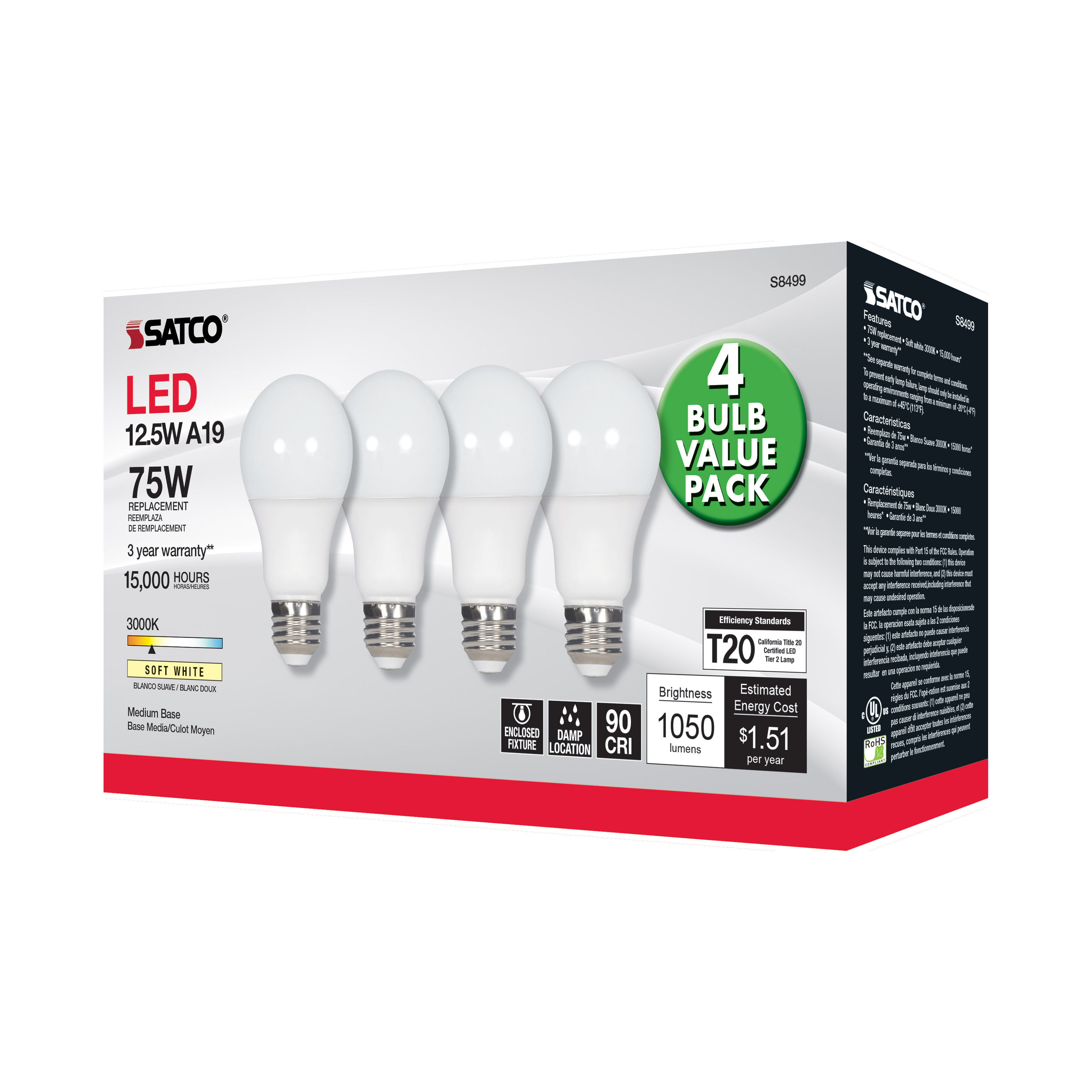 12.5A19/LED/30K/ND/120V/4PK - S8499