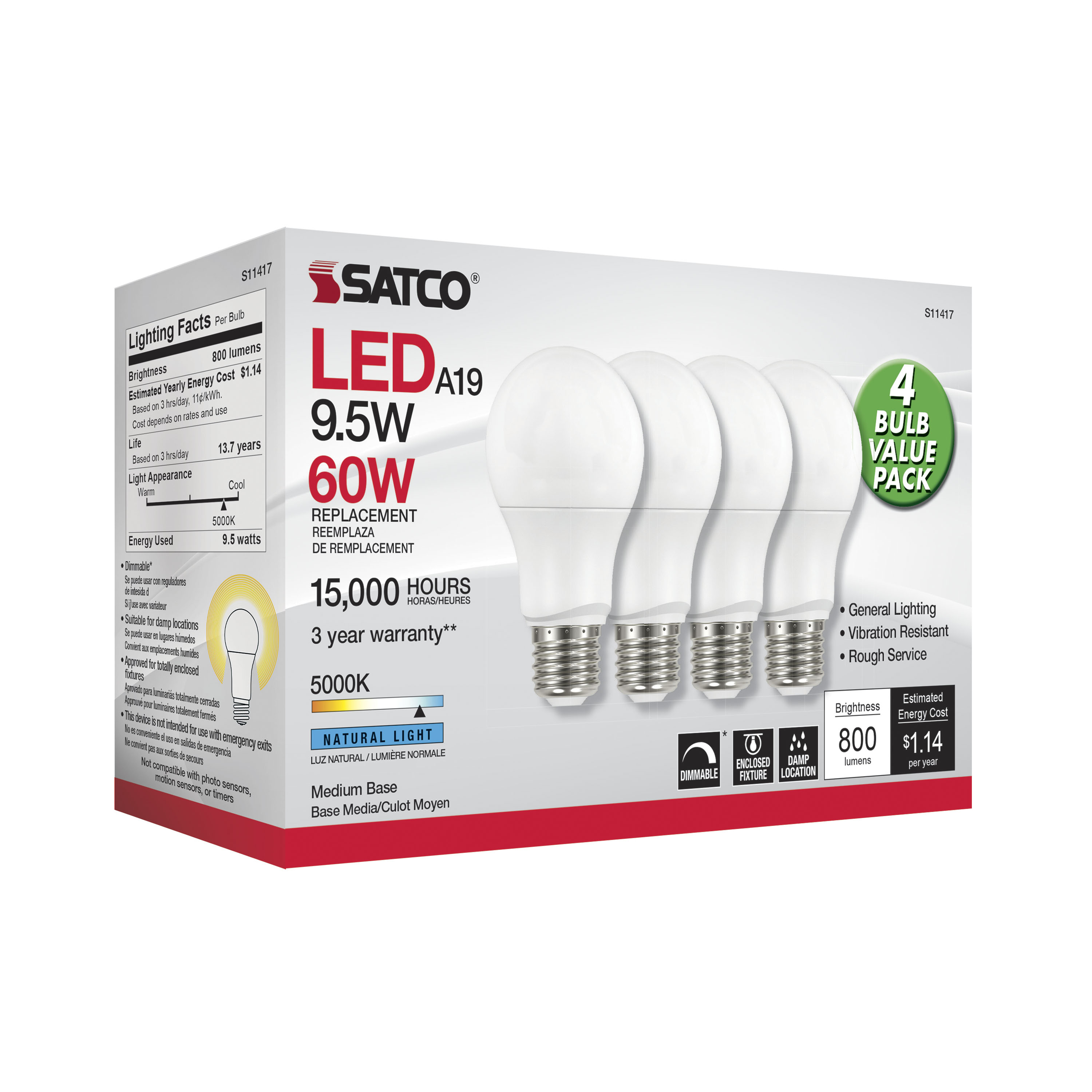 9.5A19/LED/850/120V/D/4PK - S11417