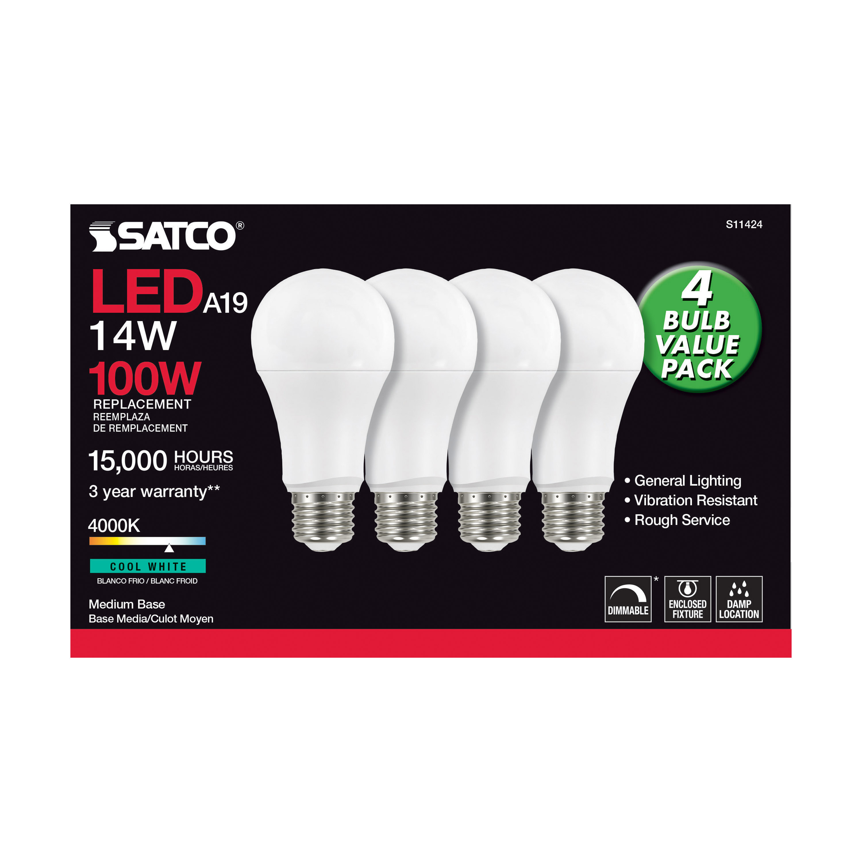 14A19/LED/840/120V/D/4PK - S11424