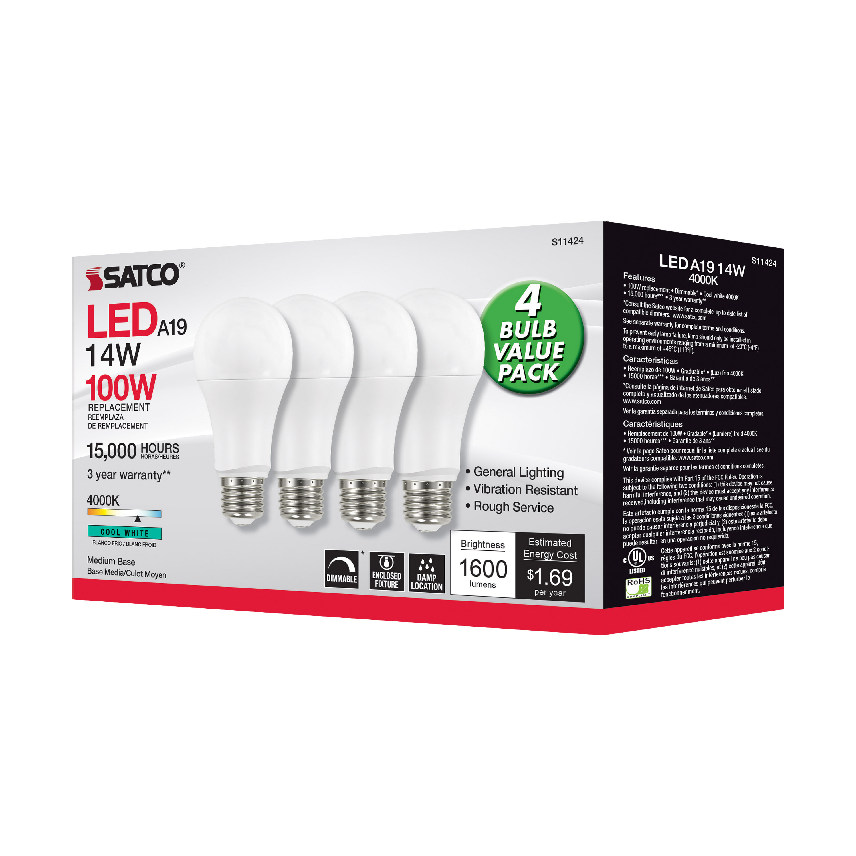 14A19/LED/840/120V/D/4PK - S11424