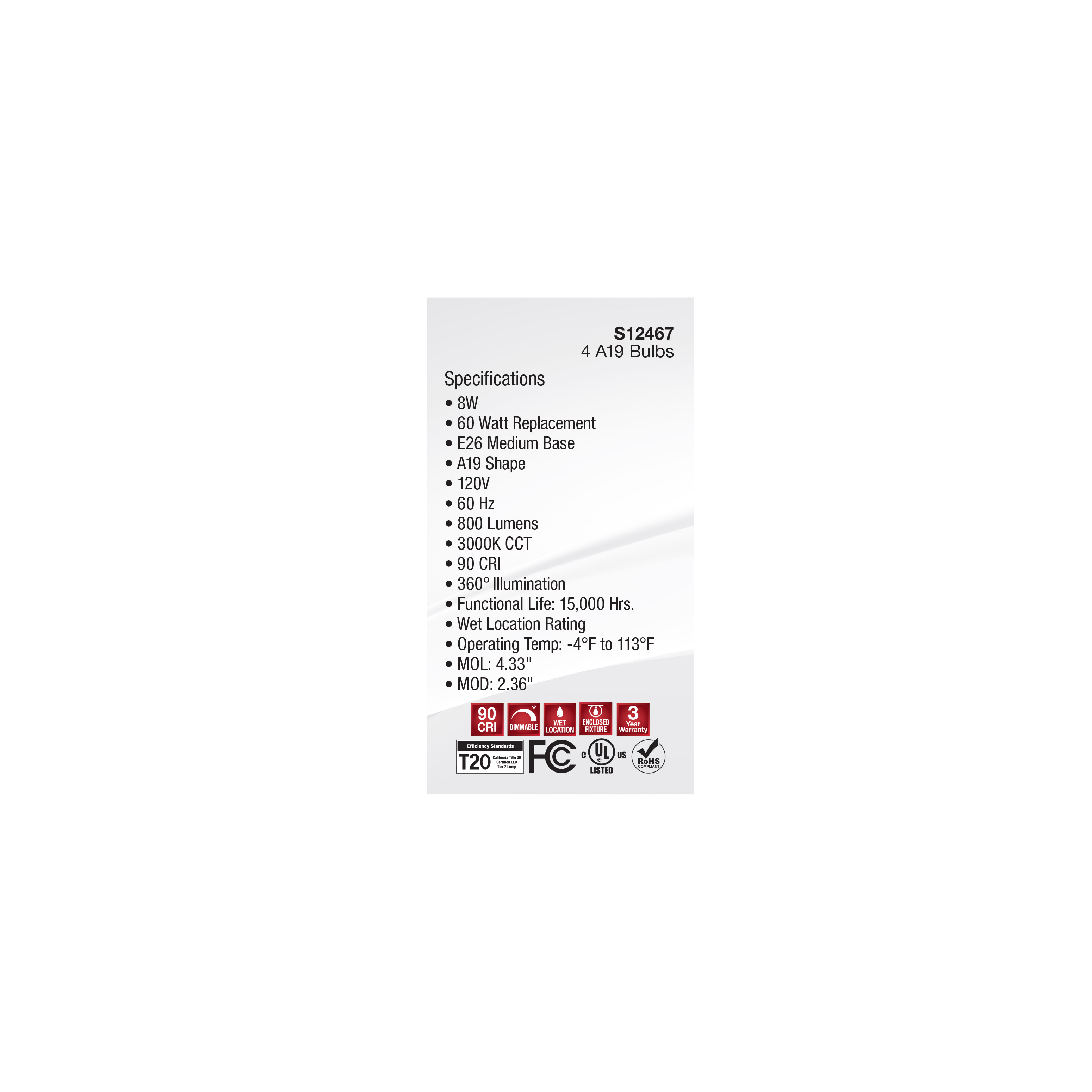 8A19/SW/LED/E26/930/4PK/120V - S12467