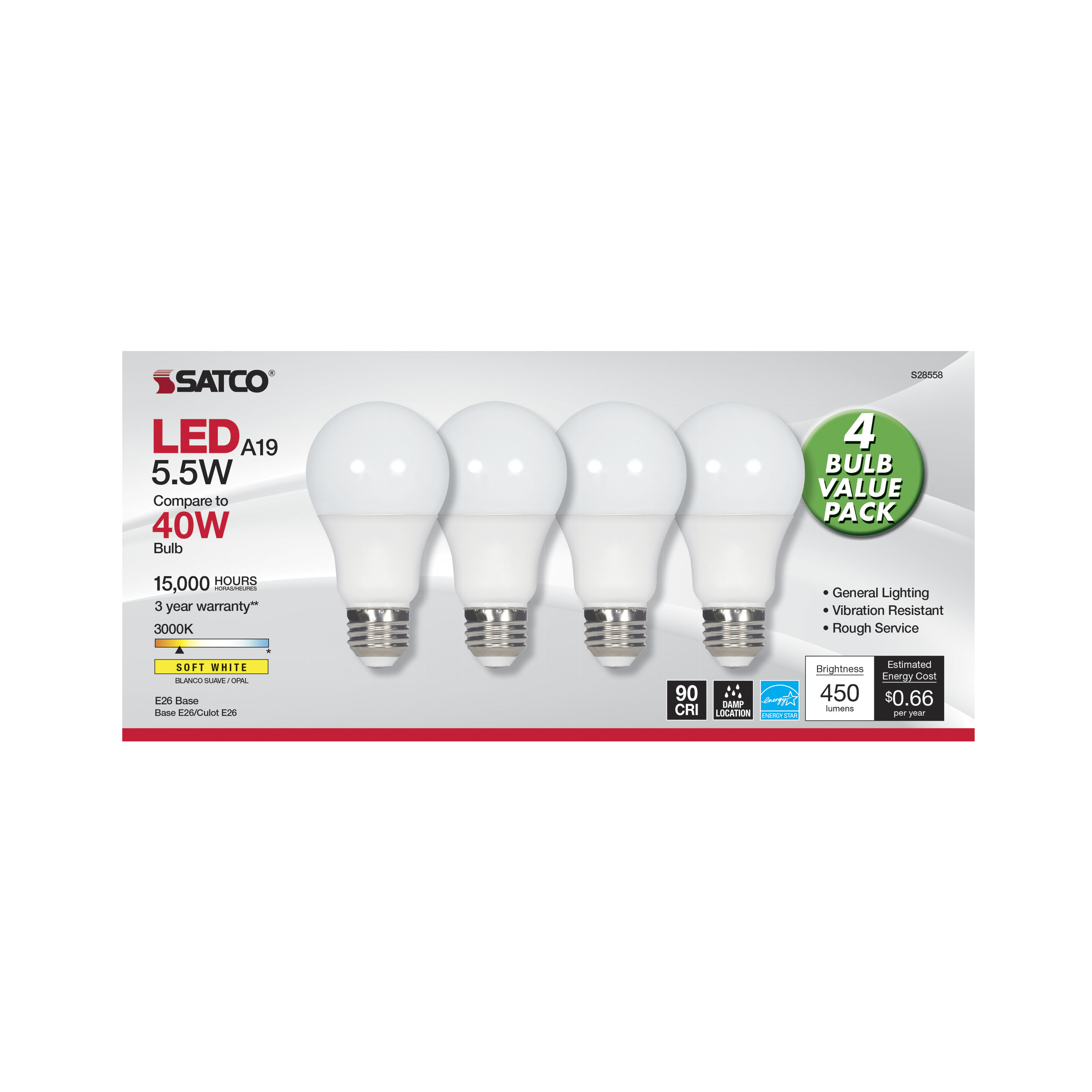 5.5A19/LED/930/120V/ND/4PK - S28558