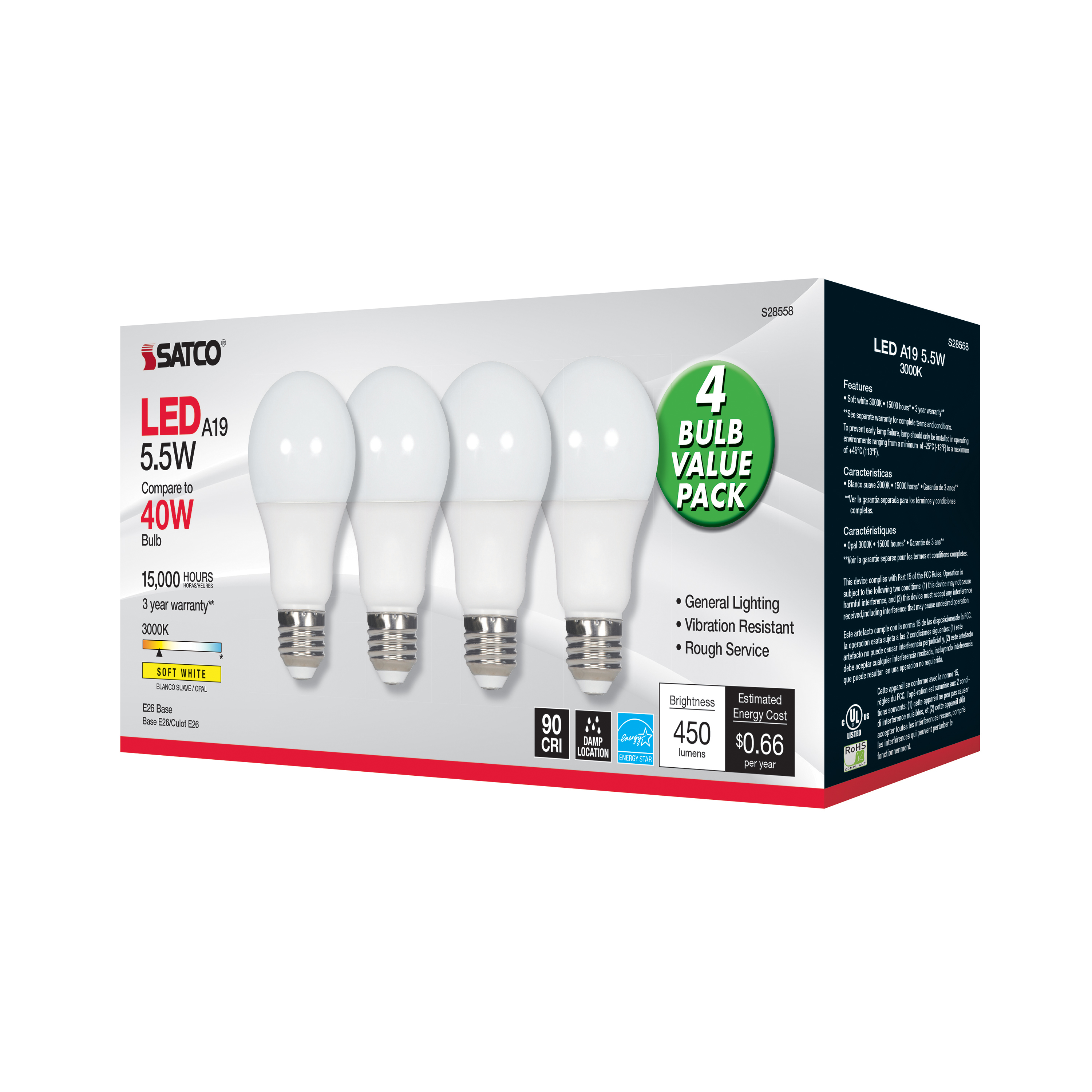 5.5A19/LED/930/120V/ND/4PK - S28558