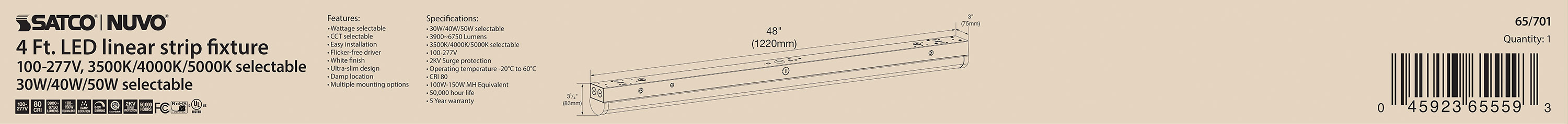 4' LINEAR STRIP WHITE FINISH - 65-701