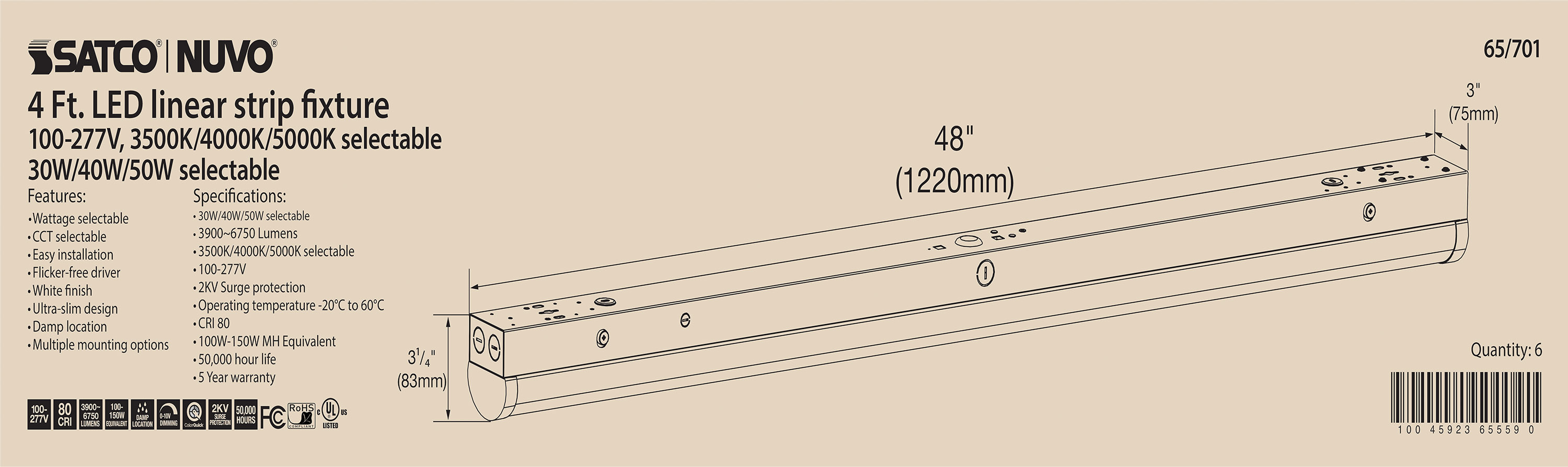 4' LINEAR STRIP WHITE FINISH - 65-701