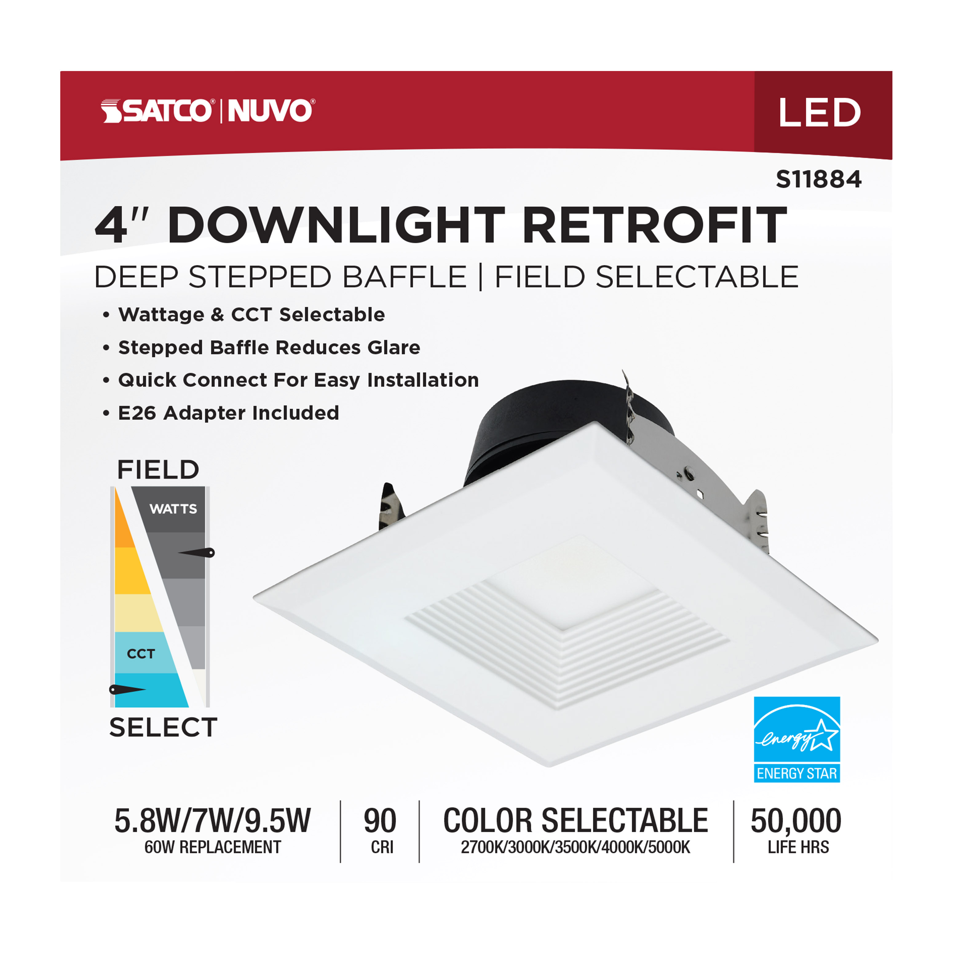 9.5WLED/DLR/4/WS/5CCT/SQ/DB - S11884