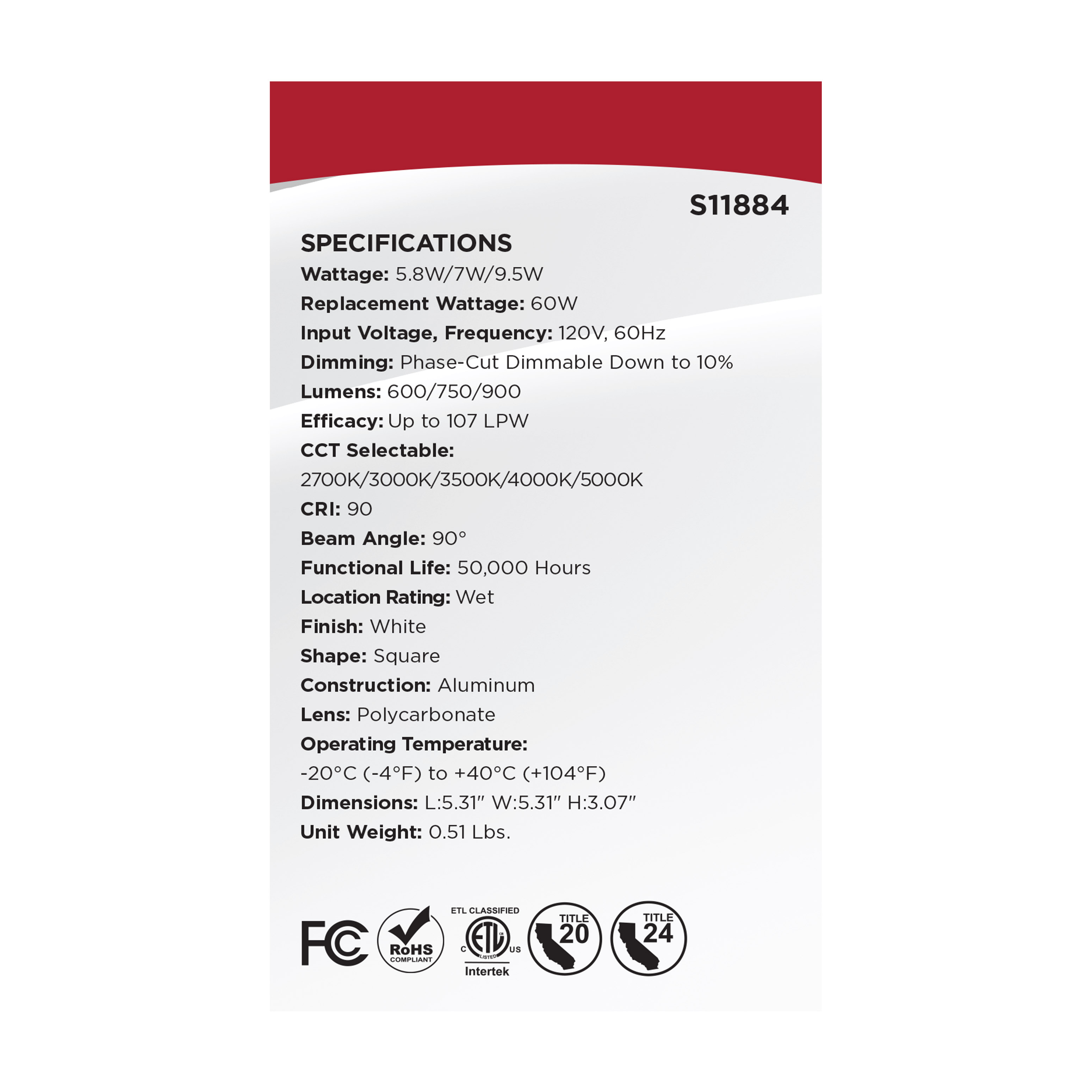 9.5WLED/DLR/4/WS/5CCT/SQ/DB - S11884