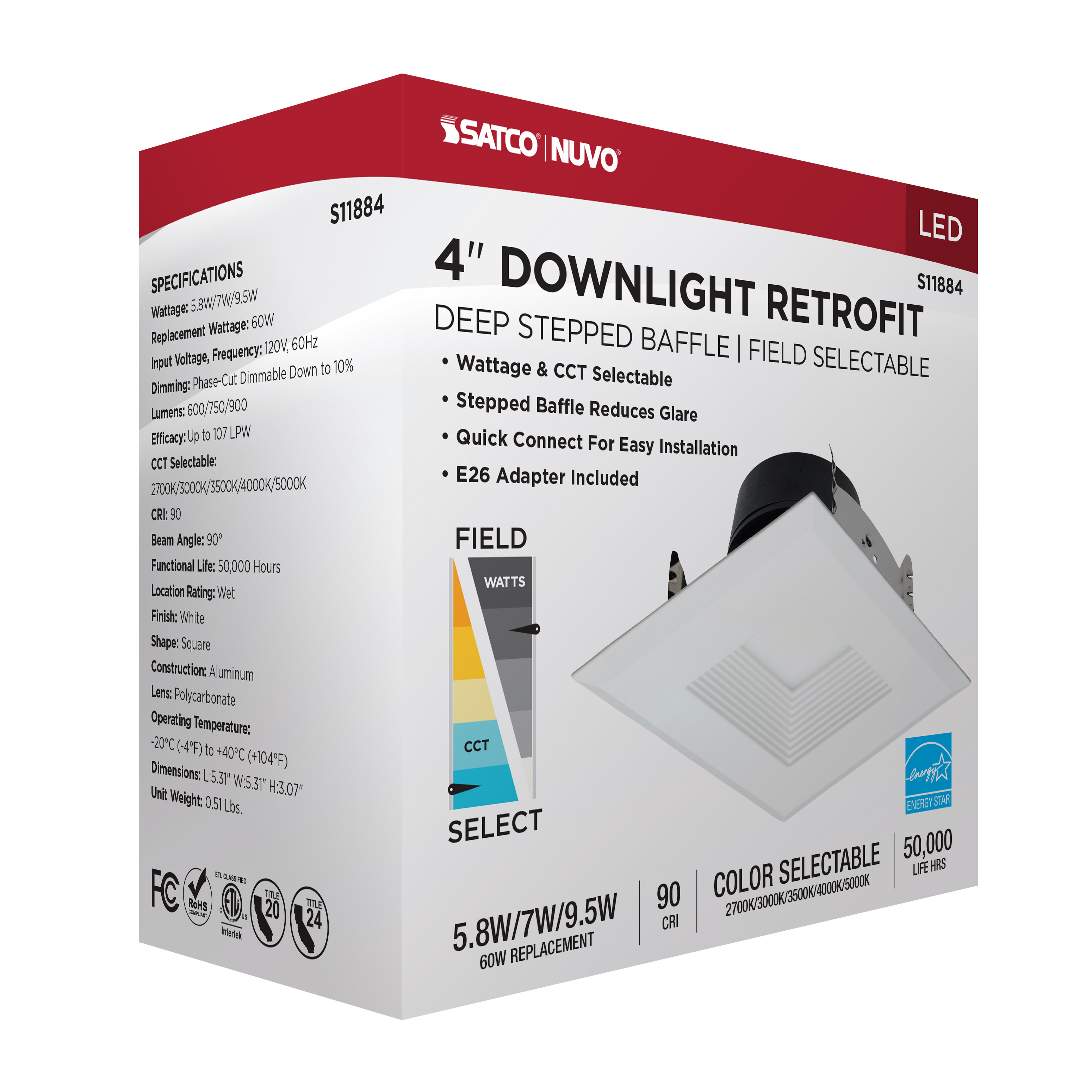 9.5WLED/DLR/4/WS/5CCT/SQ/DB - S11884