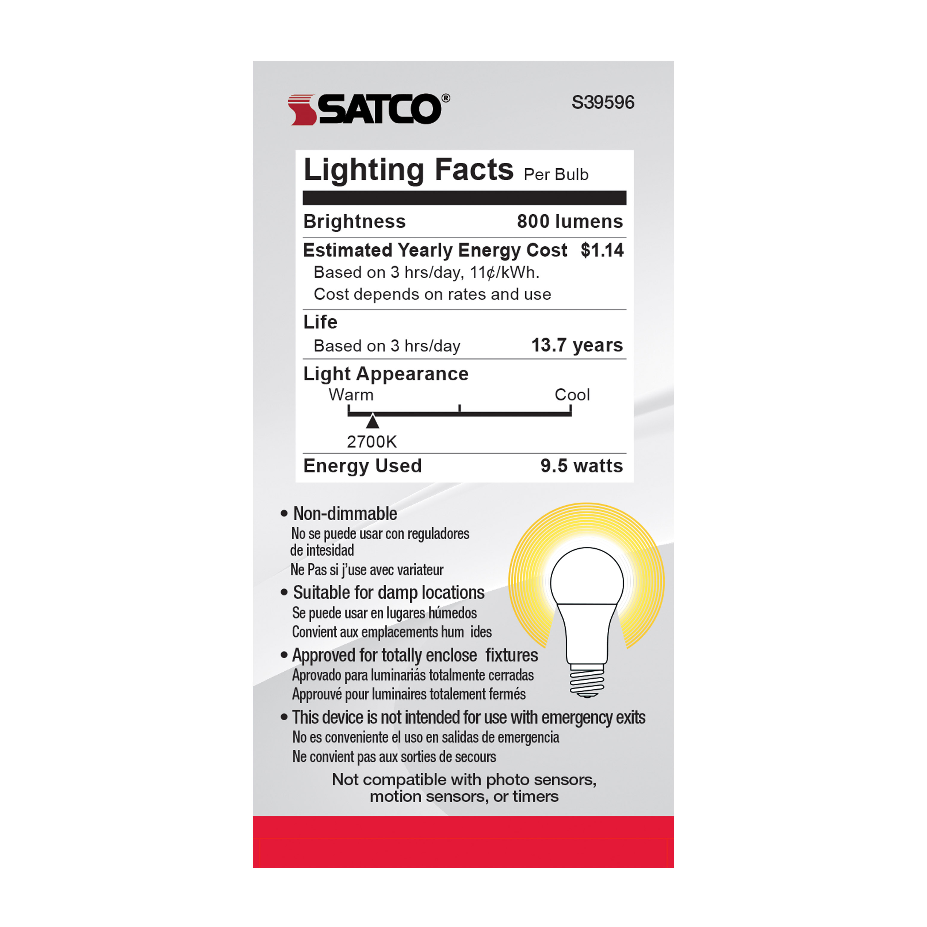 9.5A19/LED/827/ND/120V/4PK - S39596