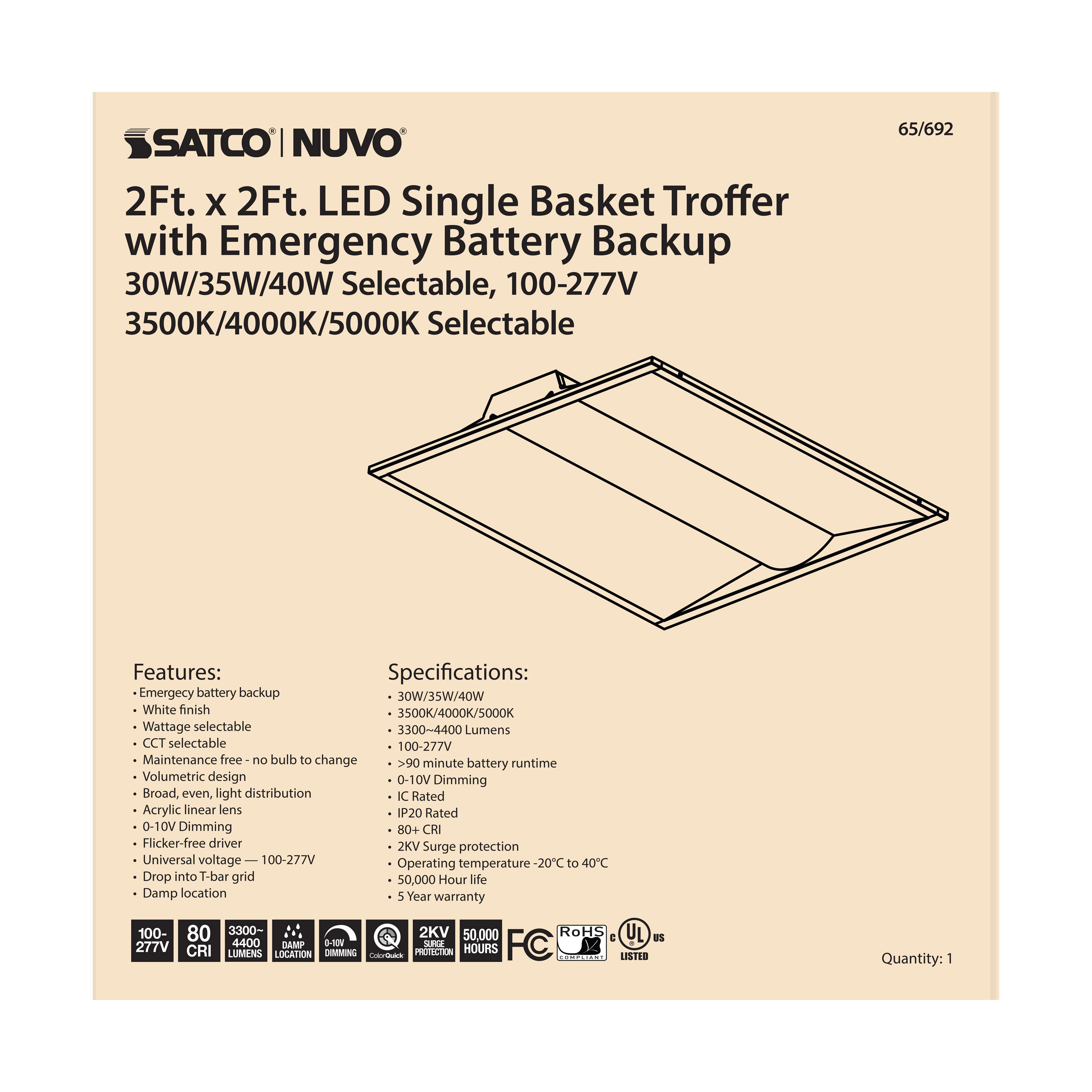 2X2 EM SINGLE BASKET TROFFER - 65-692
